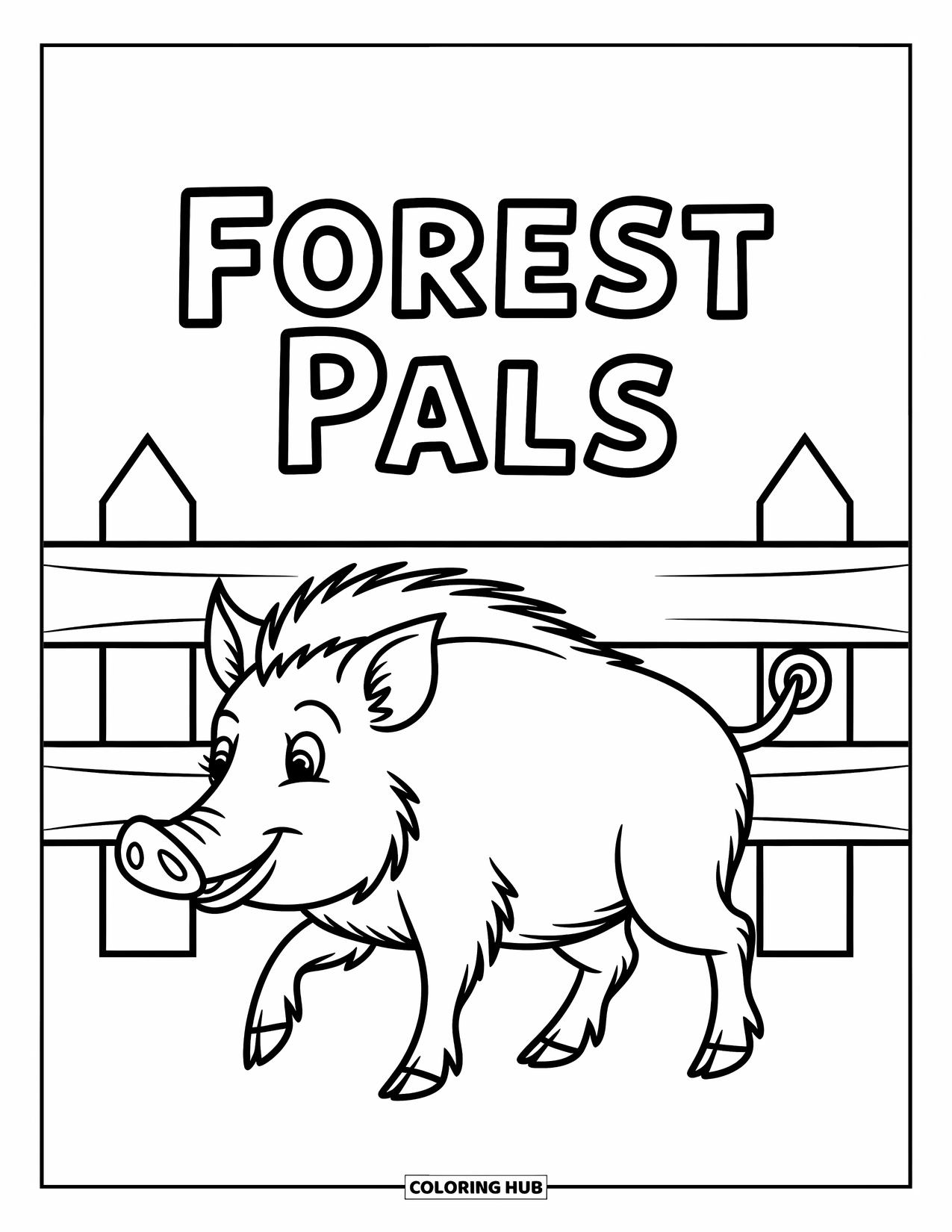 Zoo Coloring Page for Kids: A cheerful wild boar walks near a Forest Pals sign with fun forest elements around