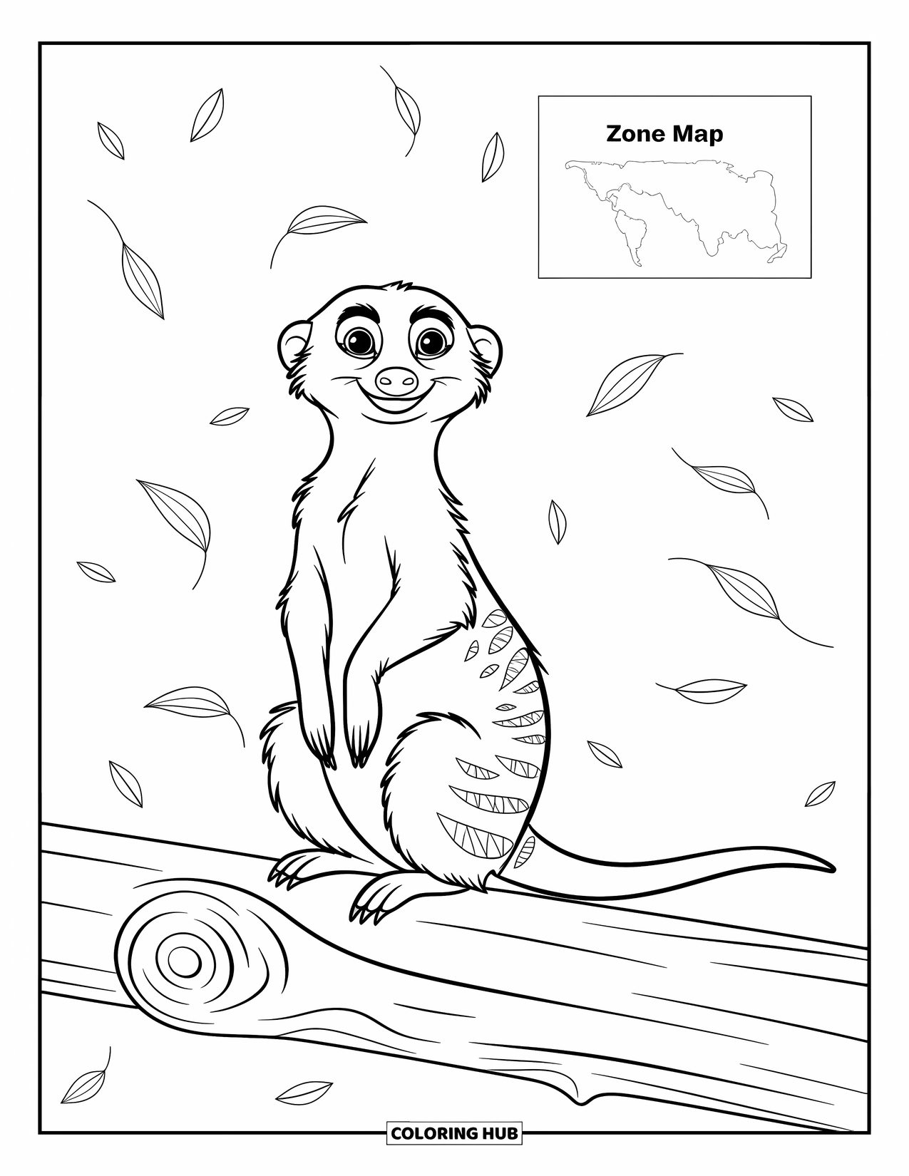 Zoo Coloring Page for Kids: A curious meerkat stands on a log beside a map and floating leaves