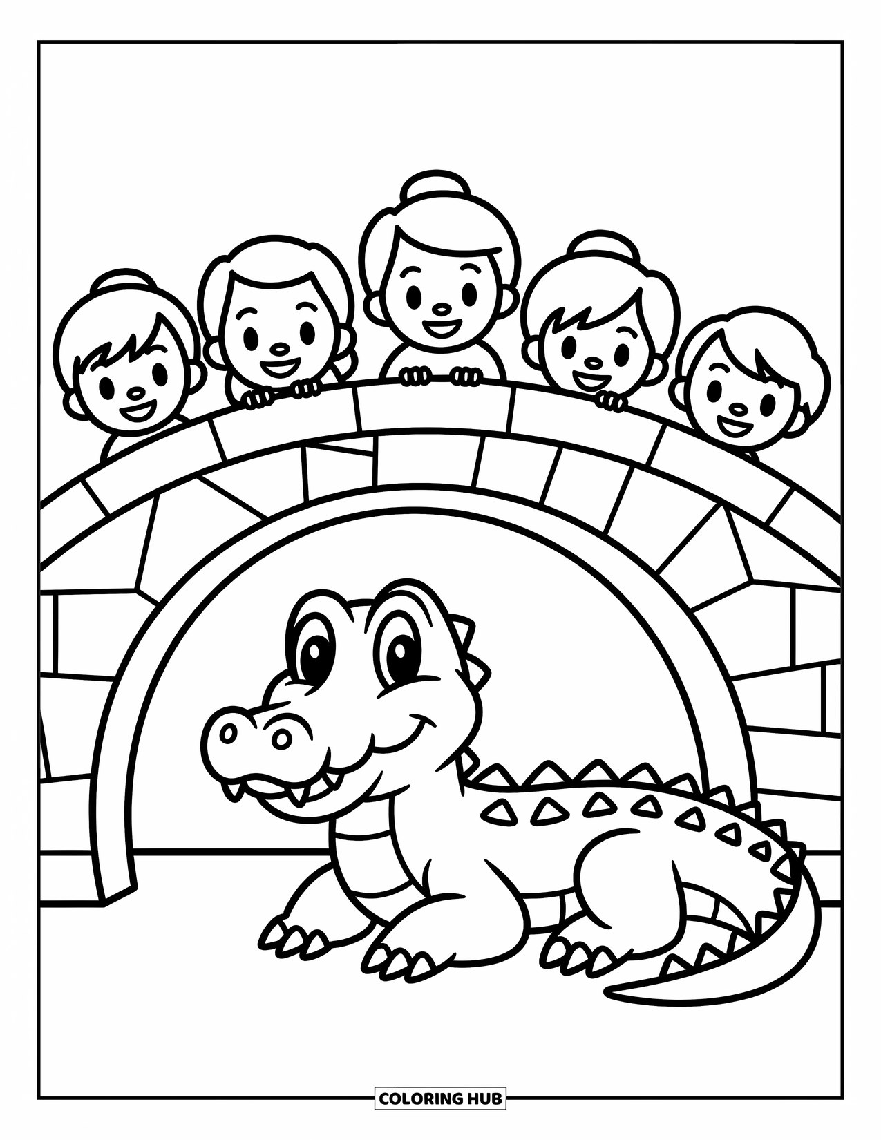 Zoo Coloring Page for Kids: A cute crocodile rests under a stone bridge while zoo guests watch from above