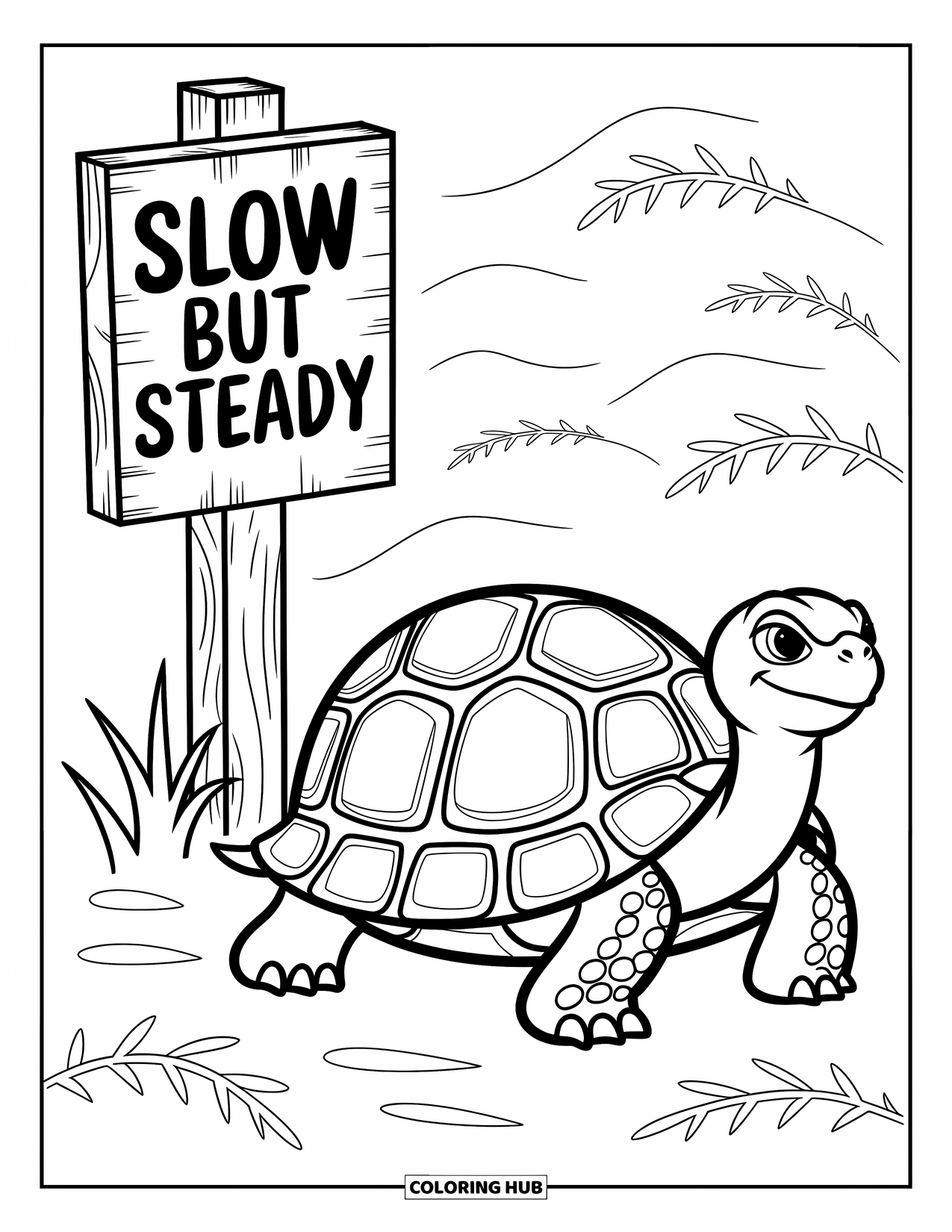 Zoo Coloring Page for Kids: A determined tortoise walks past a sign as palm fronds and dunes decorate the background