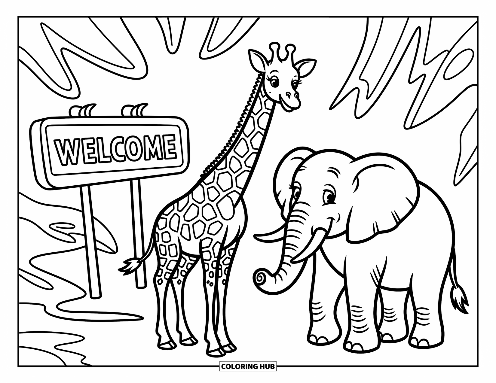 Zoo Coloring Page for Kids: A friendly giraffe and elephant stand side by side with a fun zoo sign nearby