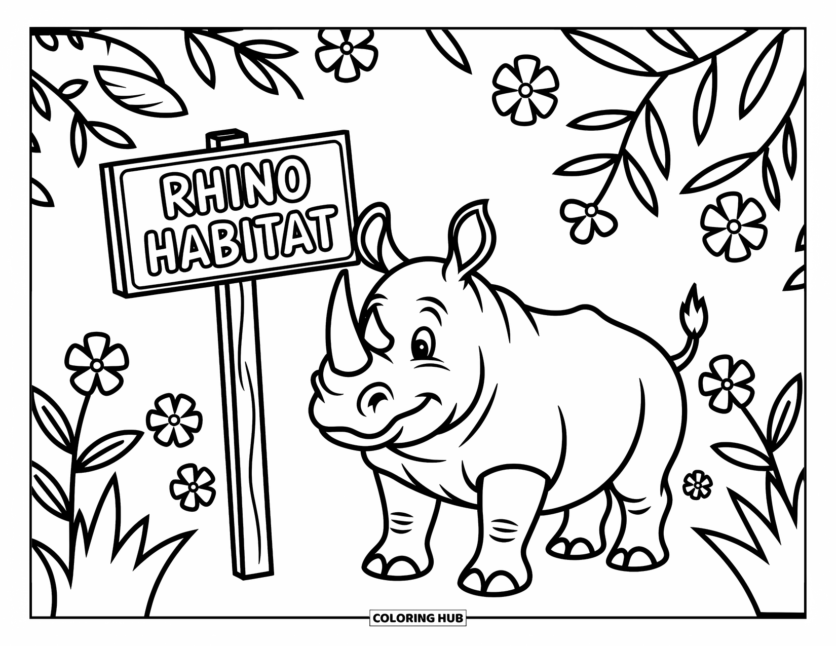 Zoo Coloring Page for Kids: A gentle rhino watches over a Rhino Habitat post with playful plants nearby