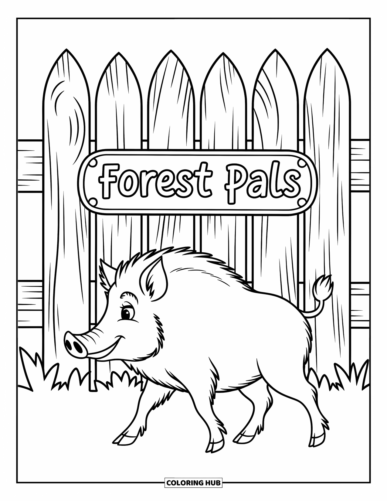 Zoo Coloring Page for Kids: A gentle wild boar walks beside a Forest Pals fence and whimsical forest foliage