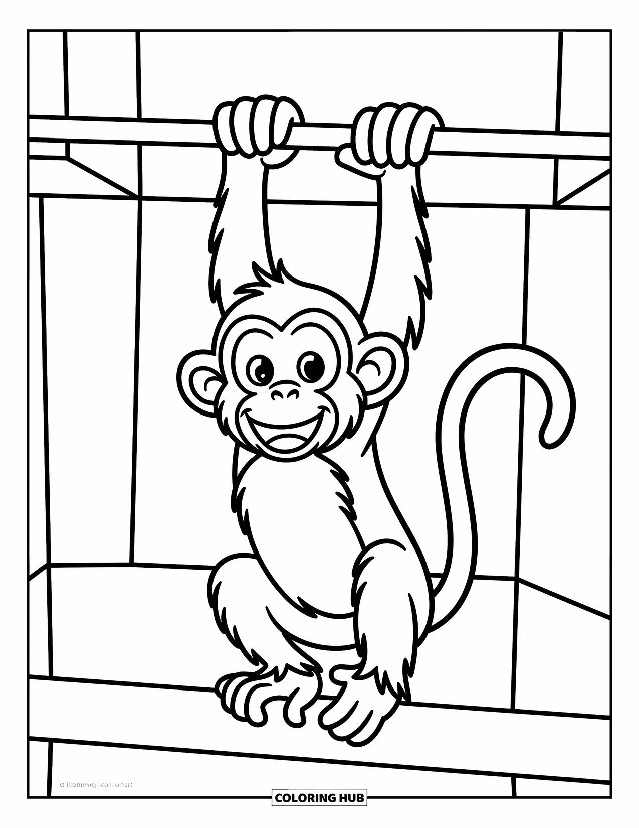 Zoo Coloring Page for Kids: A happy monkey hangs mid-swing with arms stretched and a playful look