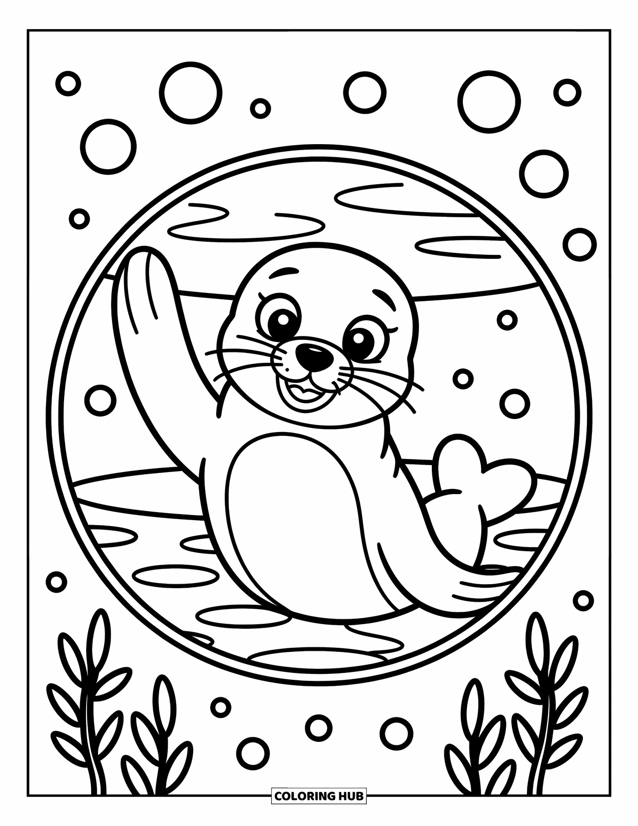 Zoo Coloring Page for Kids: A joyful seal with big eyes waves from a tank with playful water droplets and seaweed