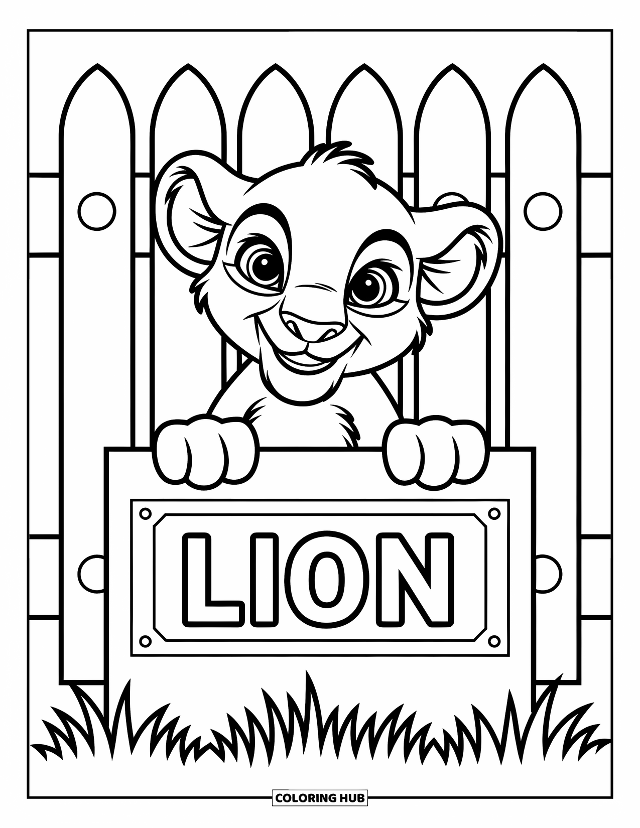 Zoo Coloring Page for Kids: A lion cub peers shyly from a fence with a Lion sign right above