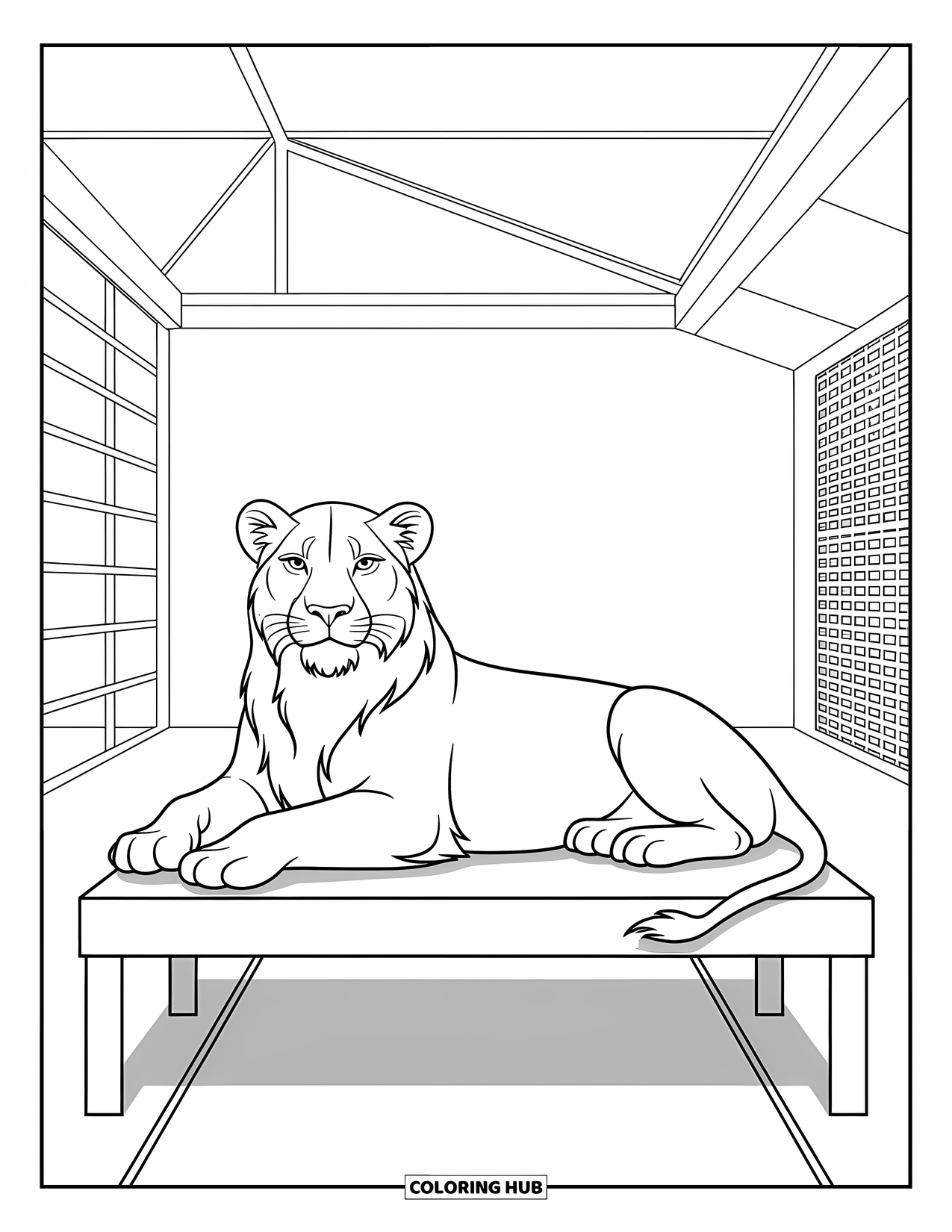 Zoo Coloring Page for Kids: A lion rests gracefully on a platform, surrounded by sleek bars and modern details