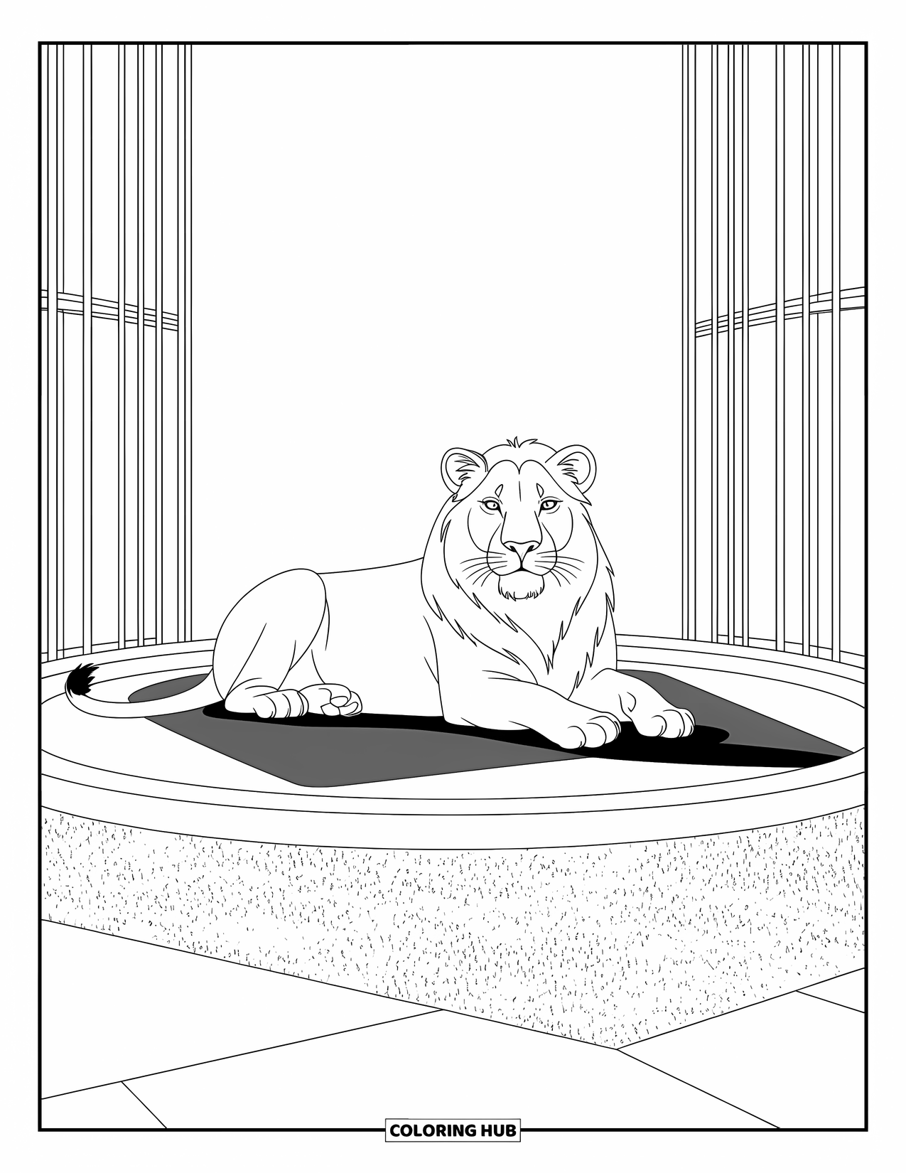 Zoo Coloring Page for Kids: A lion rests on a shaded platform inside an enclosure with bars and textured ground