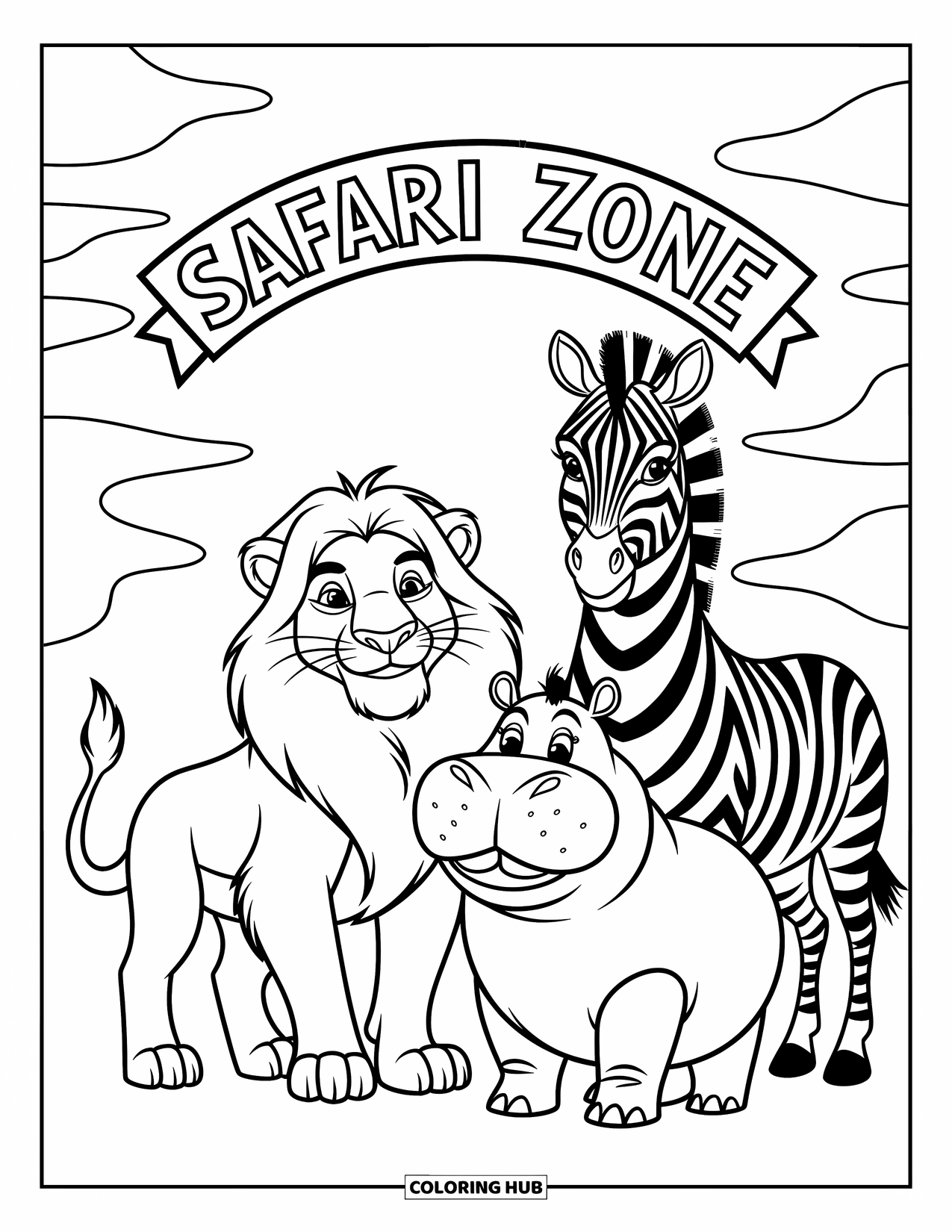 Zoo Coloring Page for Kids: A lion, zebra, and hippo gather playfully beneath a Safari Zone arch in bold outlines
