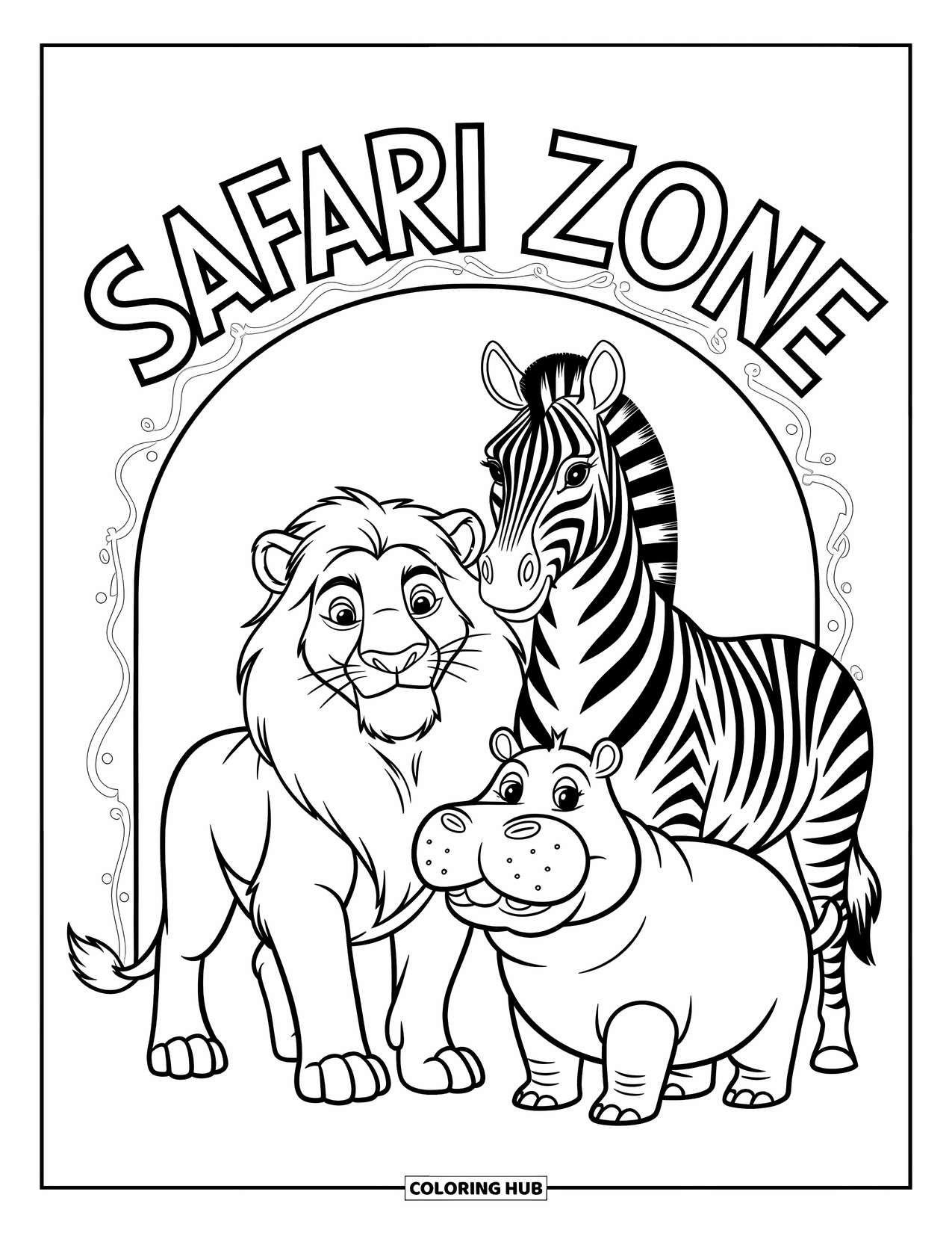 Zoo Coloring Page for Kids: A lion, zebra, and hippo stand proudly under a Safari Zone arch with charming patterns