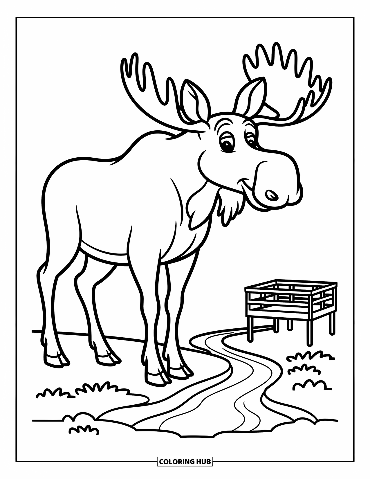 Zoo Coloring Page for Kids: A majestic moose gazes near a stream and a labeled wooden viewing platform