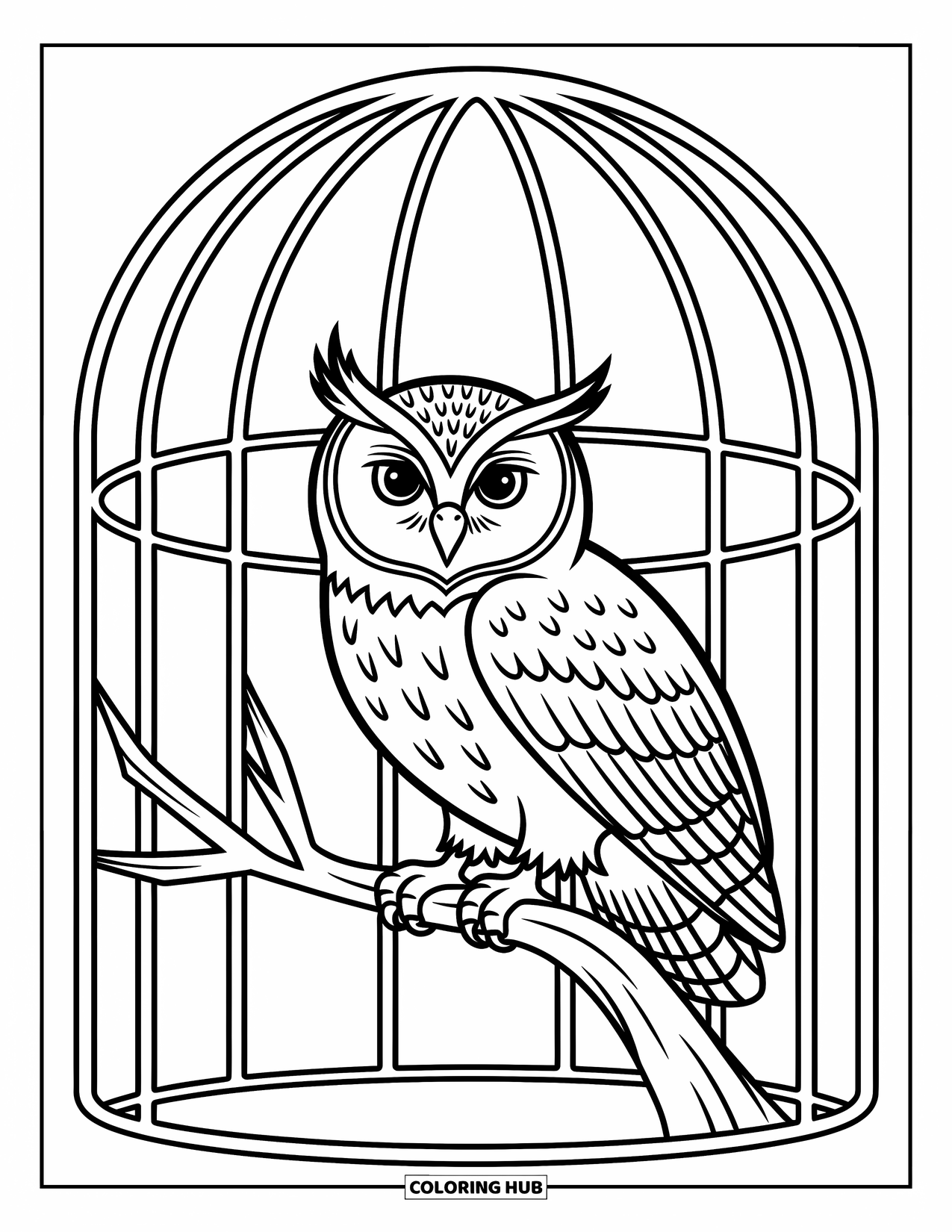 Zoo Coloring Page for Kids: A majestic owl sits on a branch with wings open inside a dome-shaped aviary
