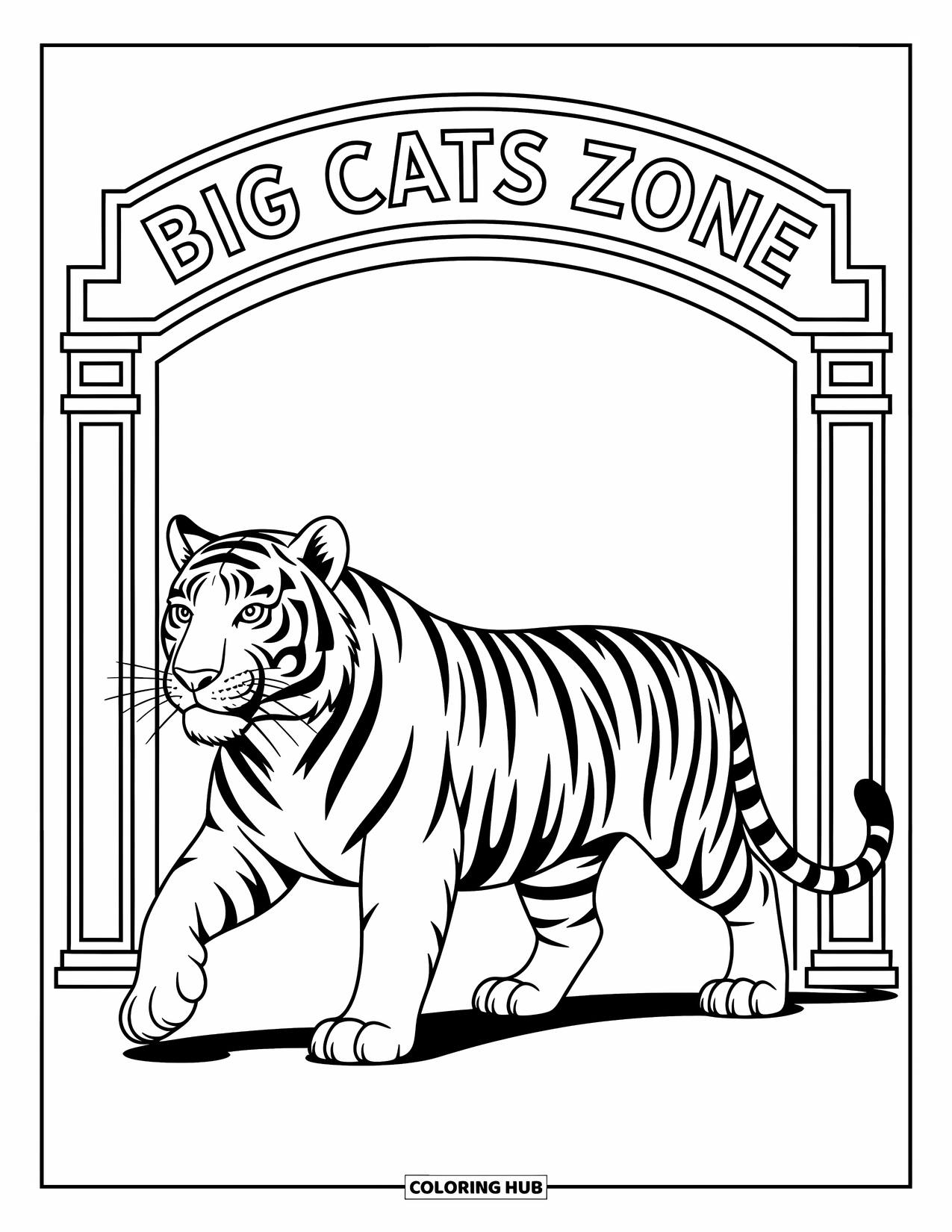 Zoo Coloring Page for Kids: A majestic tiger walks past a Big Cats Zone arch with simple, detailed patterns