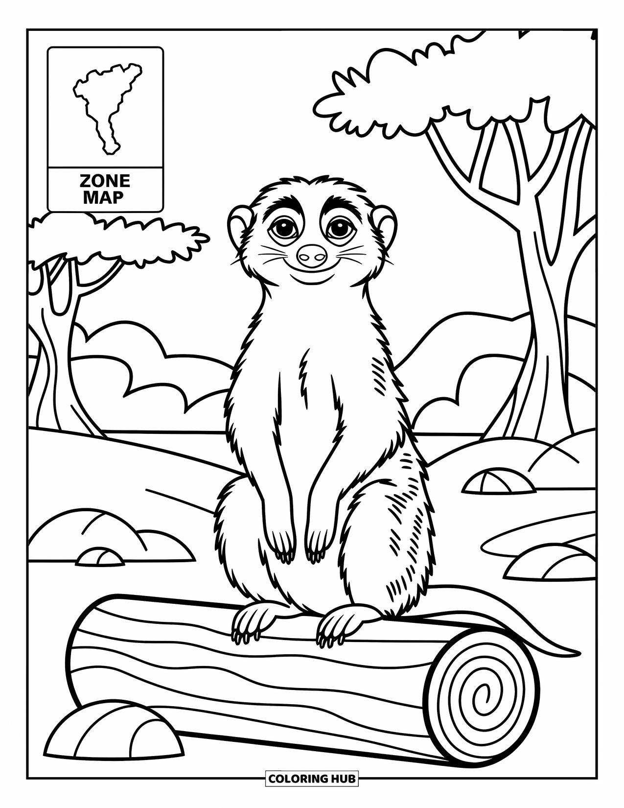 Zoo Coloring Page for Kids: A meerkat perches on a log beside a zone map with trees and rocky details