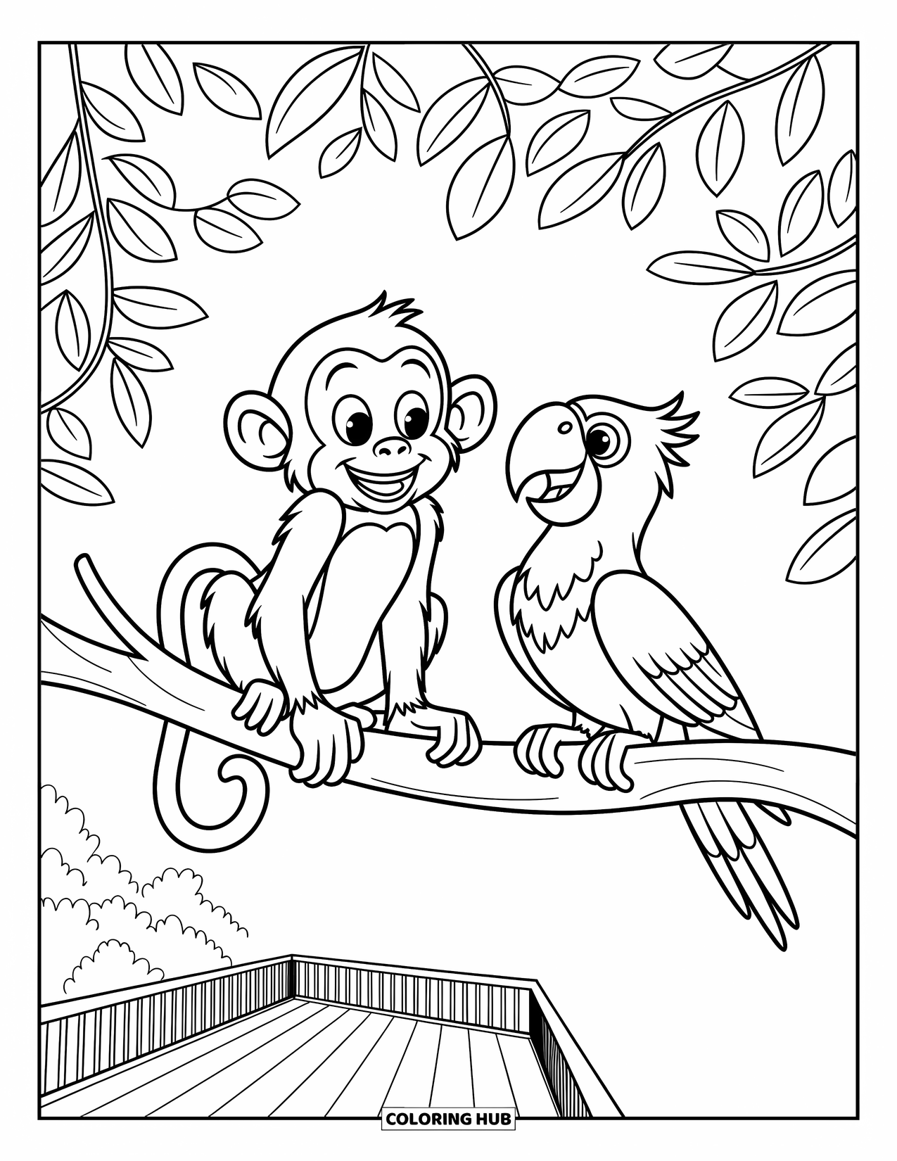 Zoo Coloring Page for Kids: A monkey and parrot perch on a branch above a deck in a lively forest scene