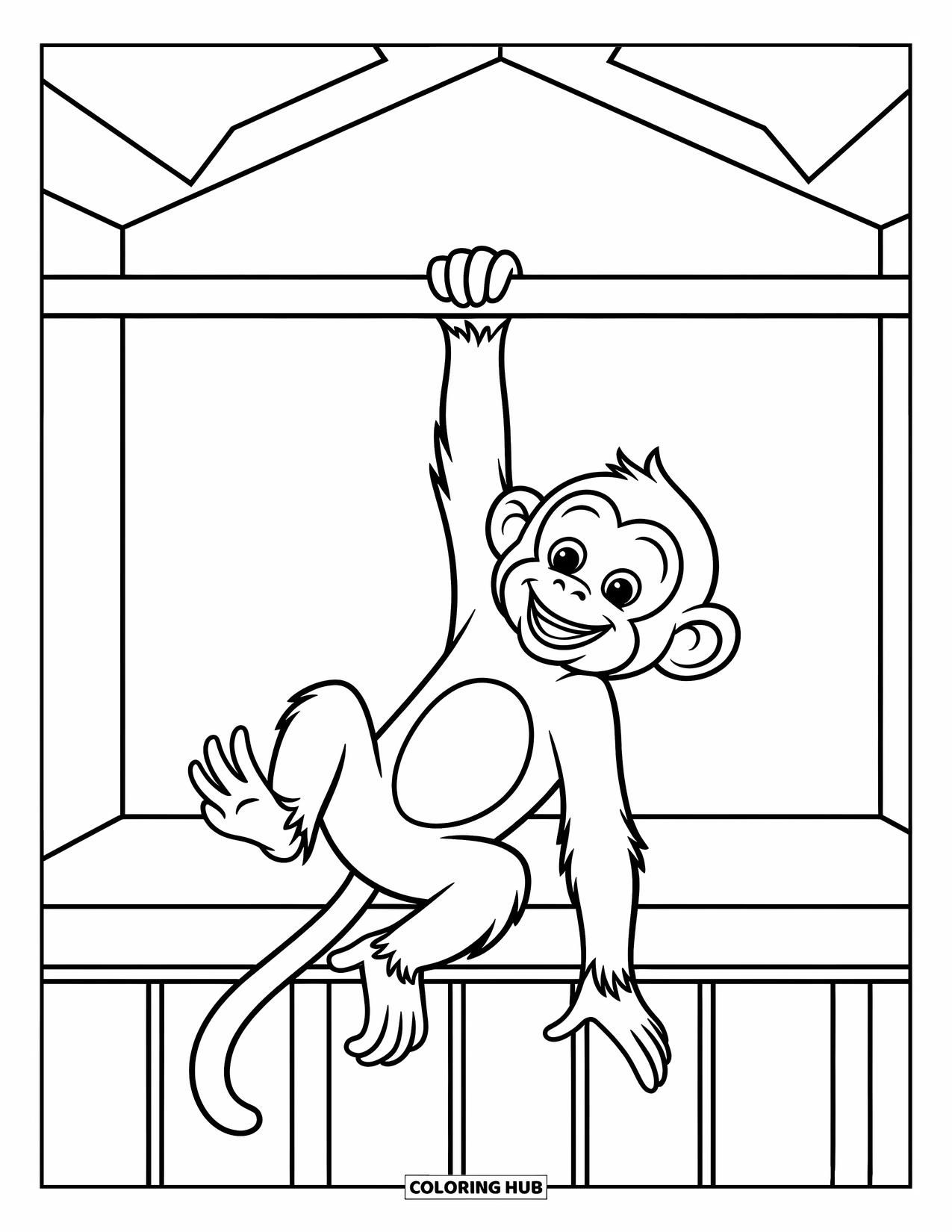 Zoo Coloring Page for Kids: A monkey swings from a bar with outstretched limbs and a joyful little grin