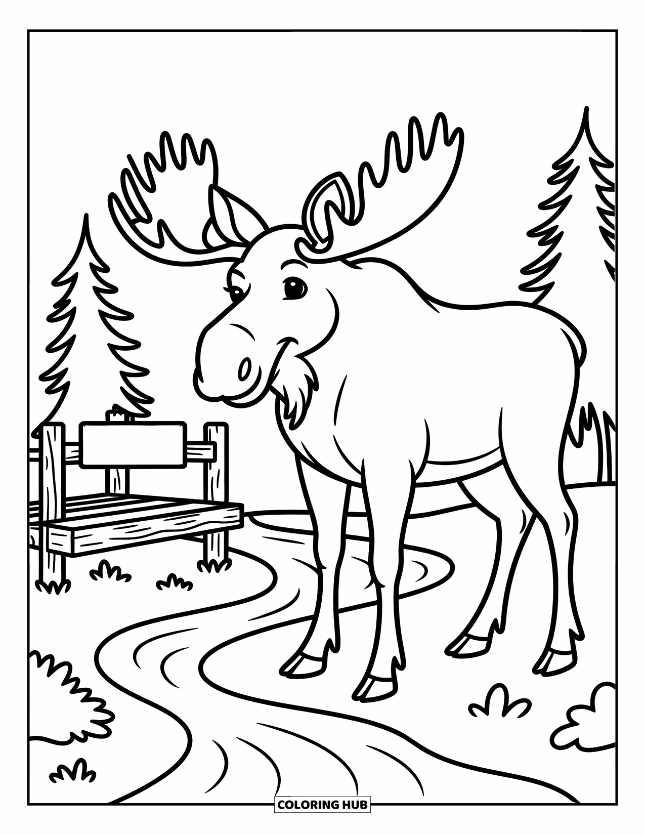 Zoo Coloring Page for Kids: A moose stands beside a stream near a rustic viewing platform in the forest