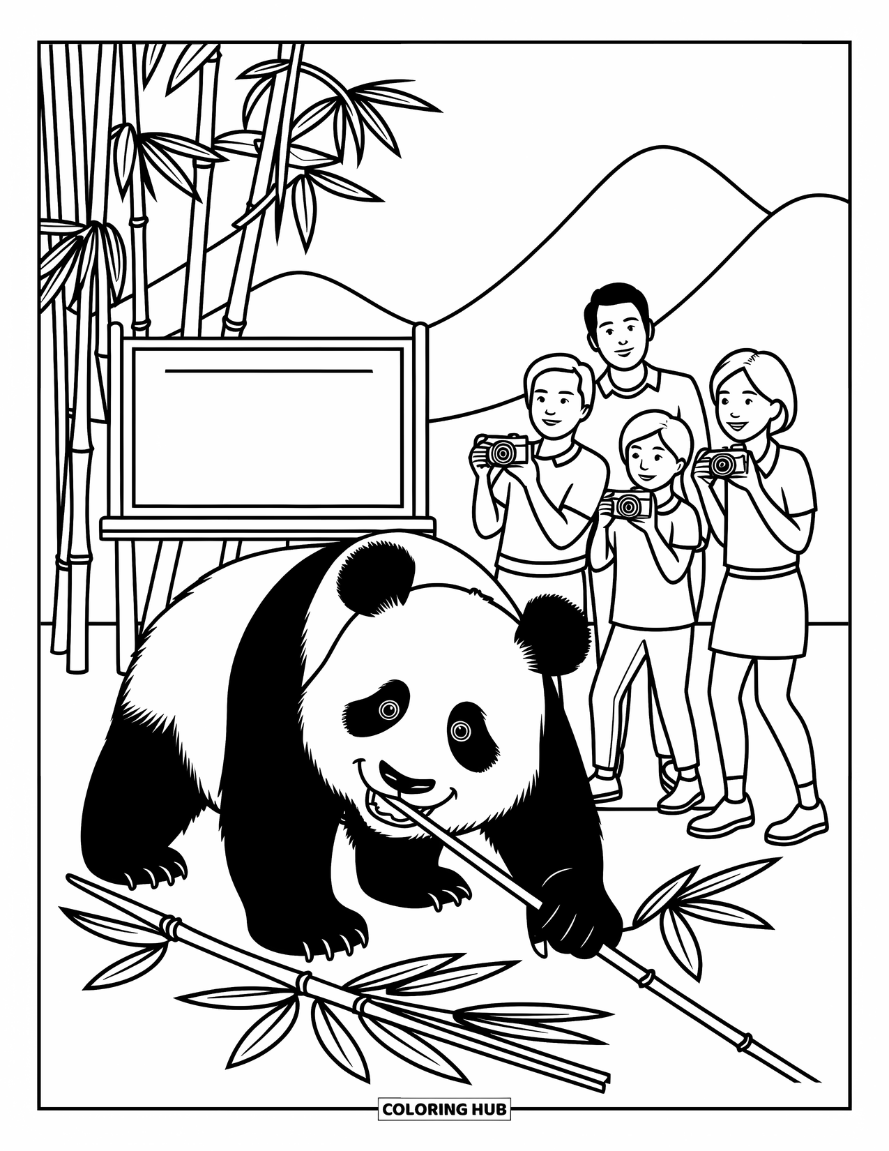 Zoo Coloring Page for Kids: A panda munches bamboo as a playful family takes photos nearby