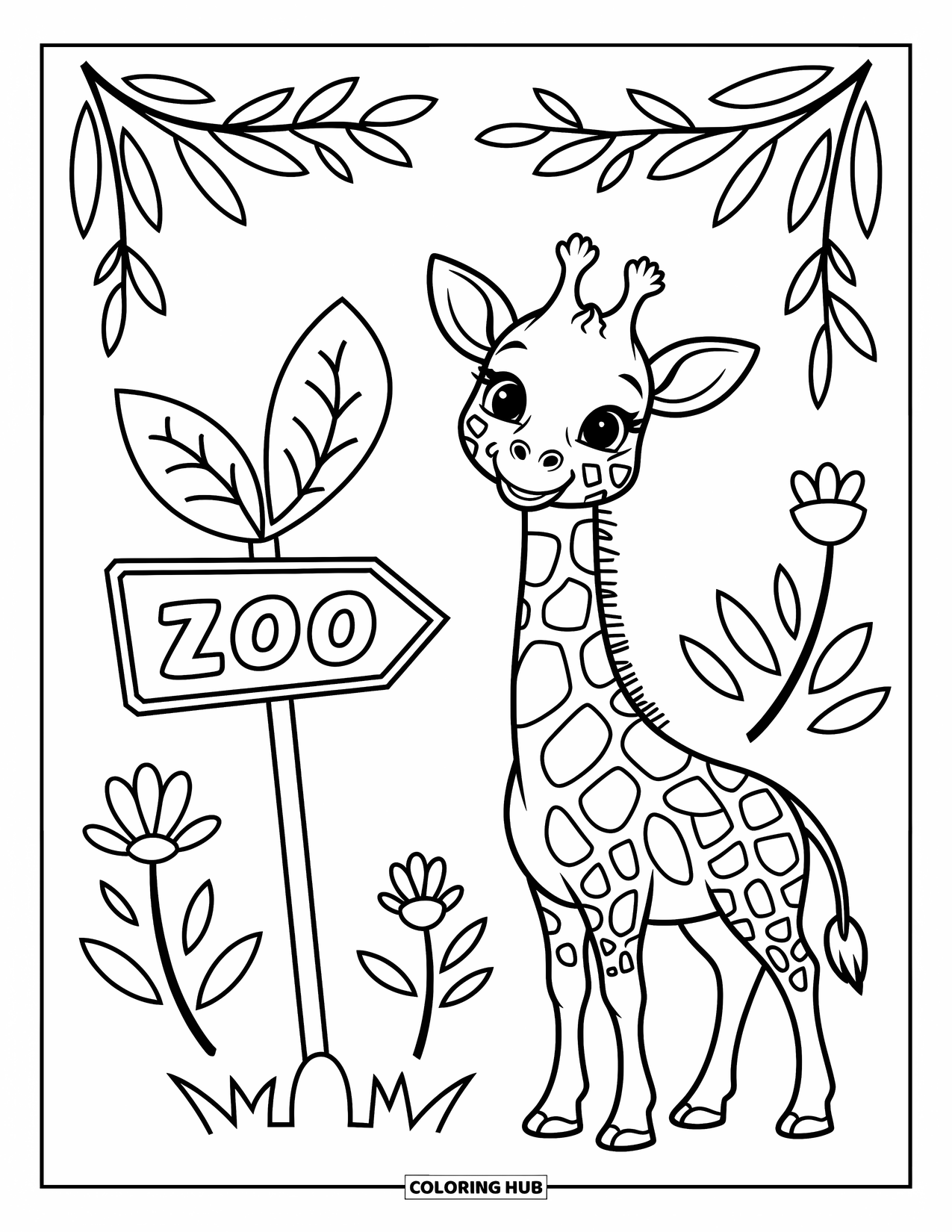 Zoo Coloring Page for Kids: A playful baby giraffe stands by a leaf sign with flowers and leaves around