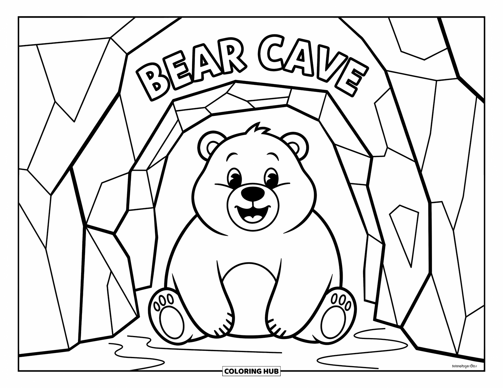 Zoo Coloring Page for Kids: A playful bear relaxes inside a cozy cave with jagged rocks around