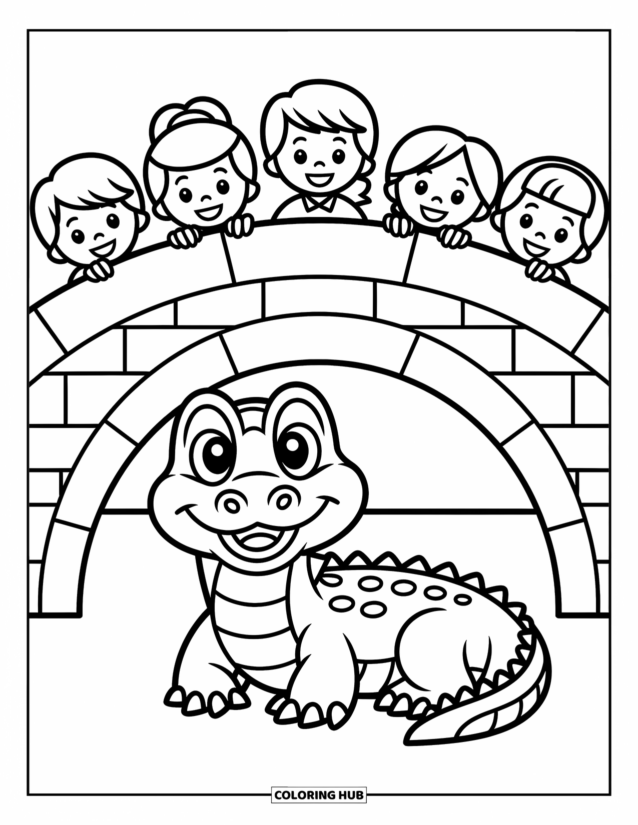 Zoo Coloring Page for Kids: A playful crocodile sits beneath a bridge as kids and adults look down curiously