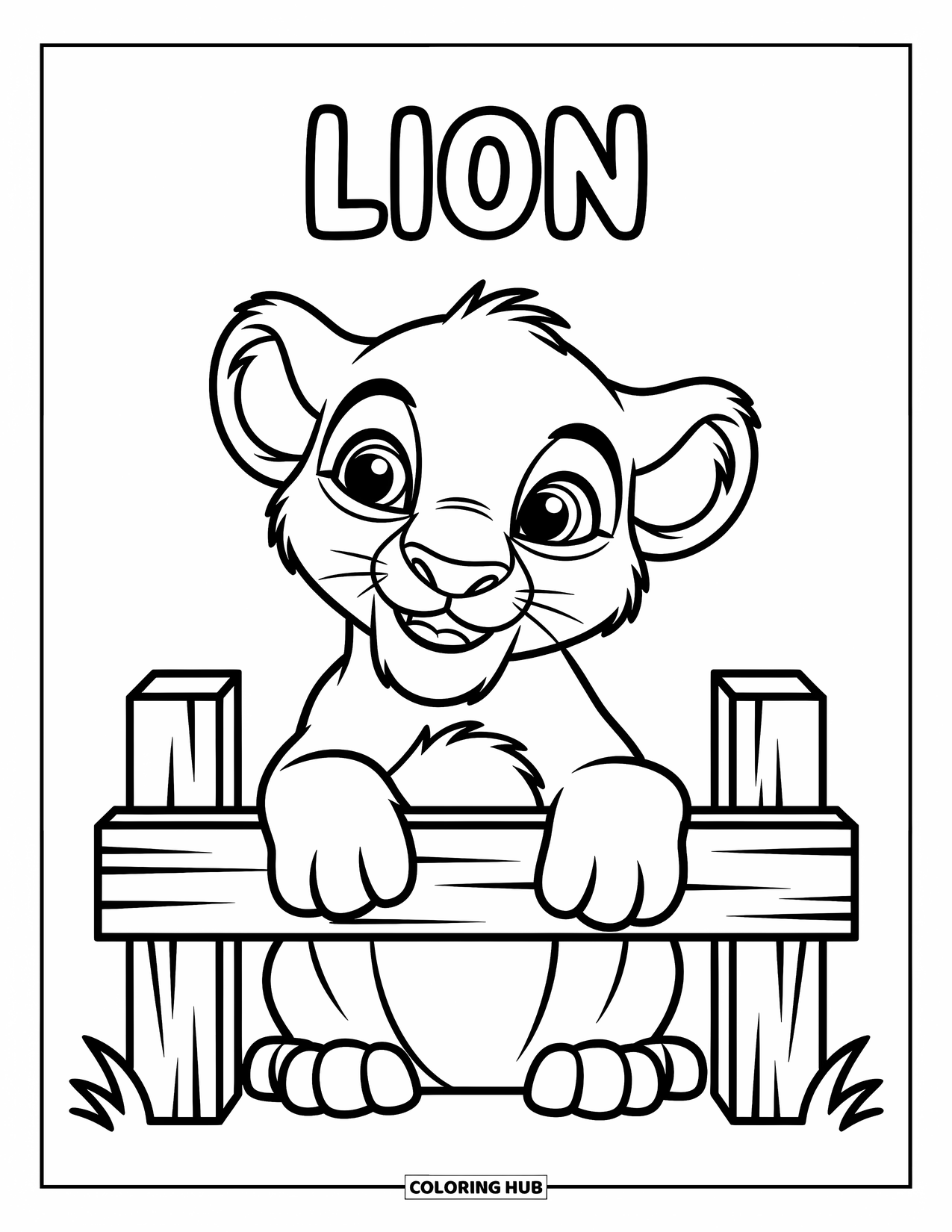Zoo Coloring Page for Kids: A playful cub looks over a fence with Lion written above its fuzzy head