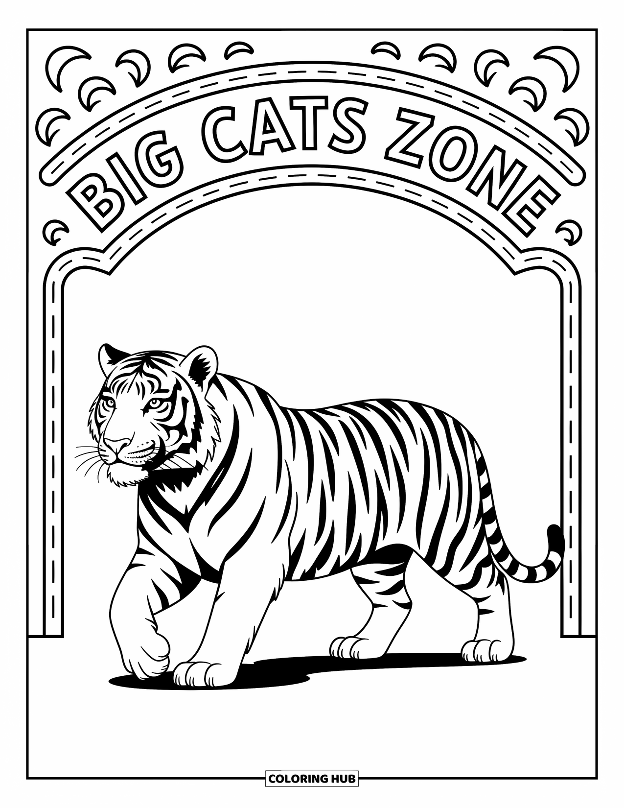 Zoo Coloring Page for Kids: A proud tiger strides near a playful Big Cats Zone arch filled with charming details