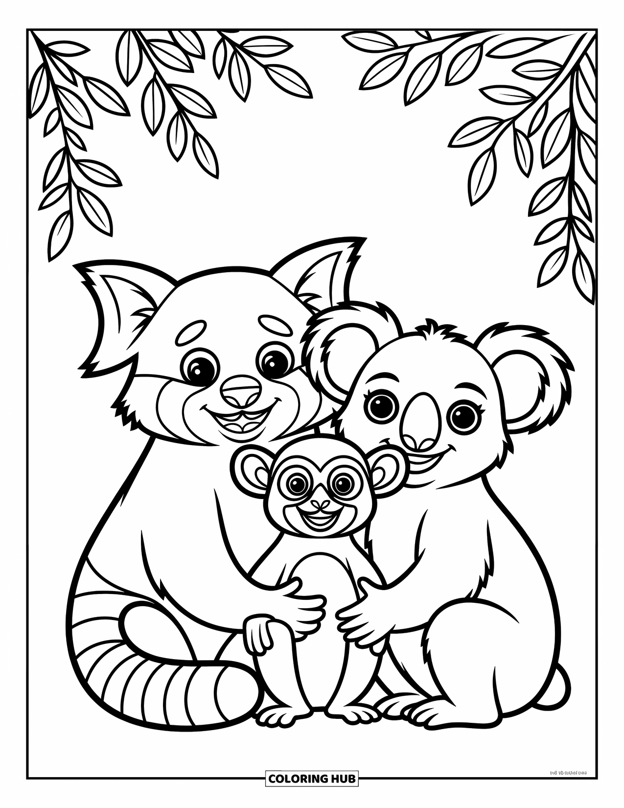 Zoo Coloring Page for Kids: A red panda, lemur, and koala sit happily together in a leafy, charming corner