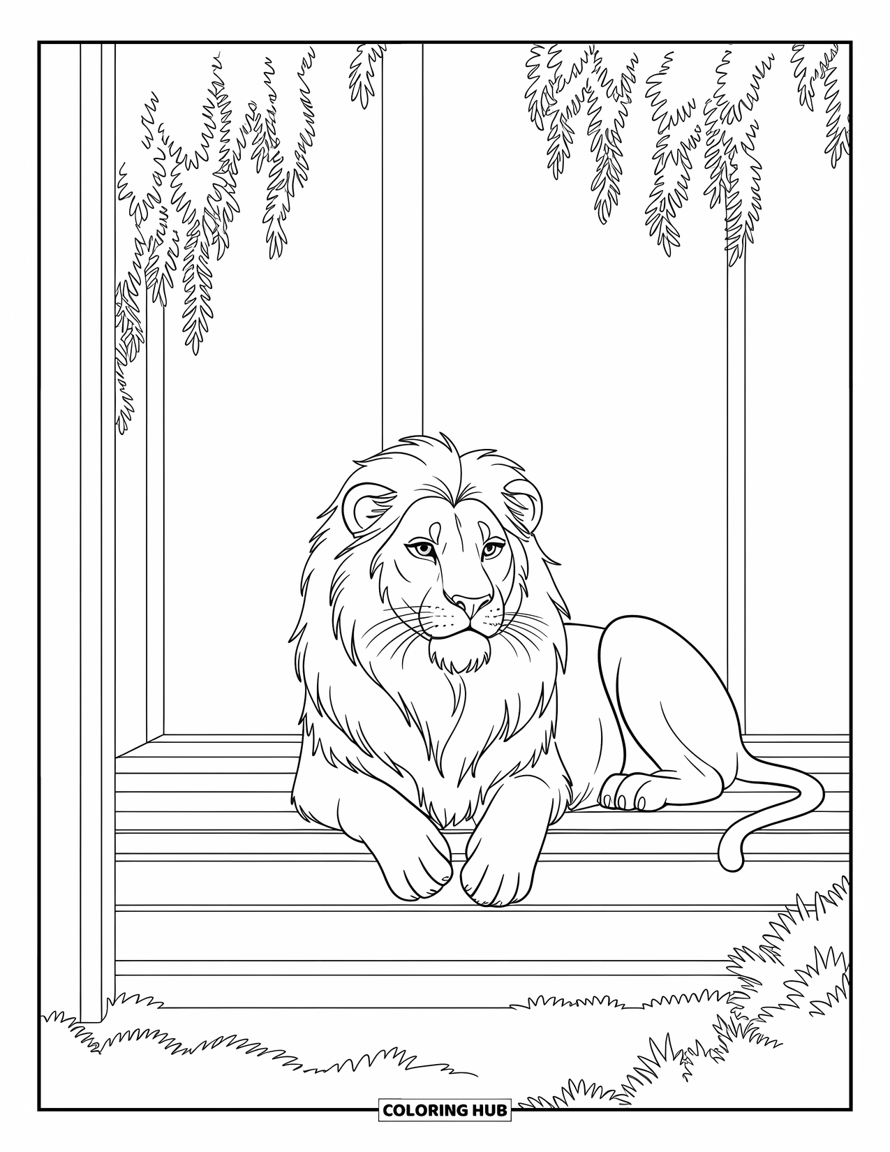 Zoo Coloring Page for Kids: A regal lion lies peacefully on a wooden platform among lush greenery