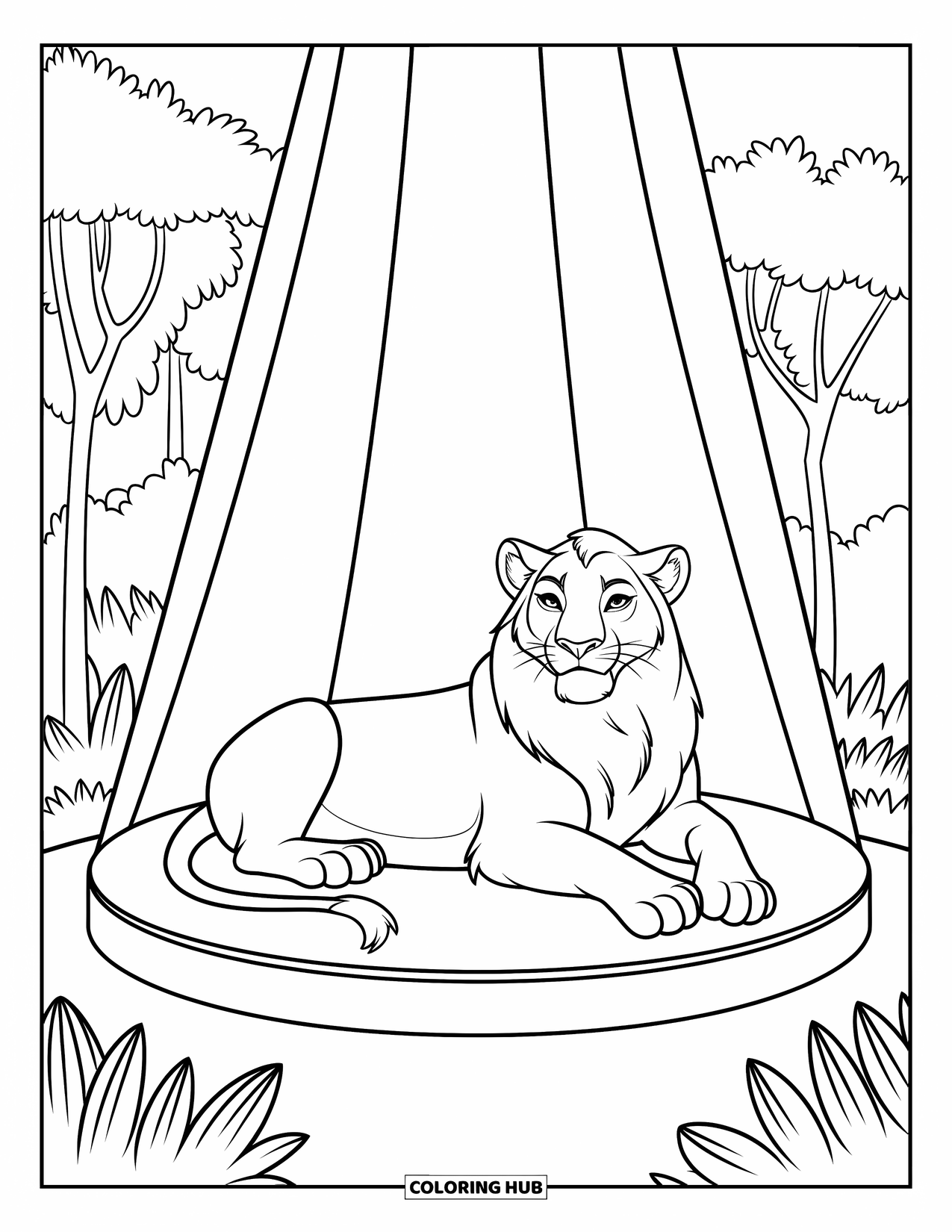 Zoo Coloring Page for Kids: A relaxed lion lounges on a platform surrounded by simple trees and foliage
