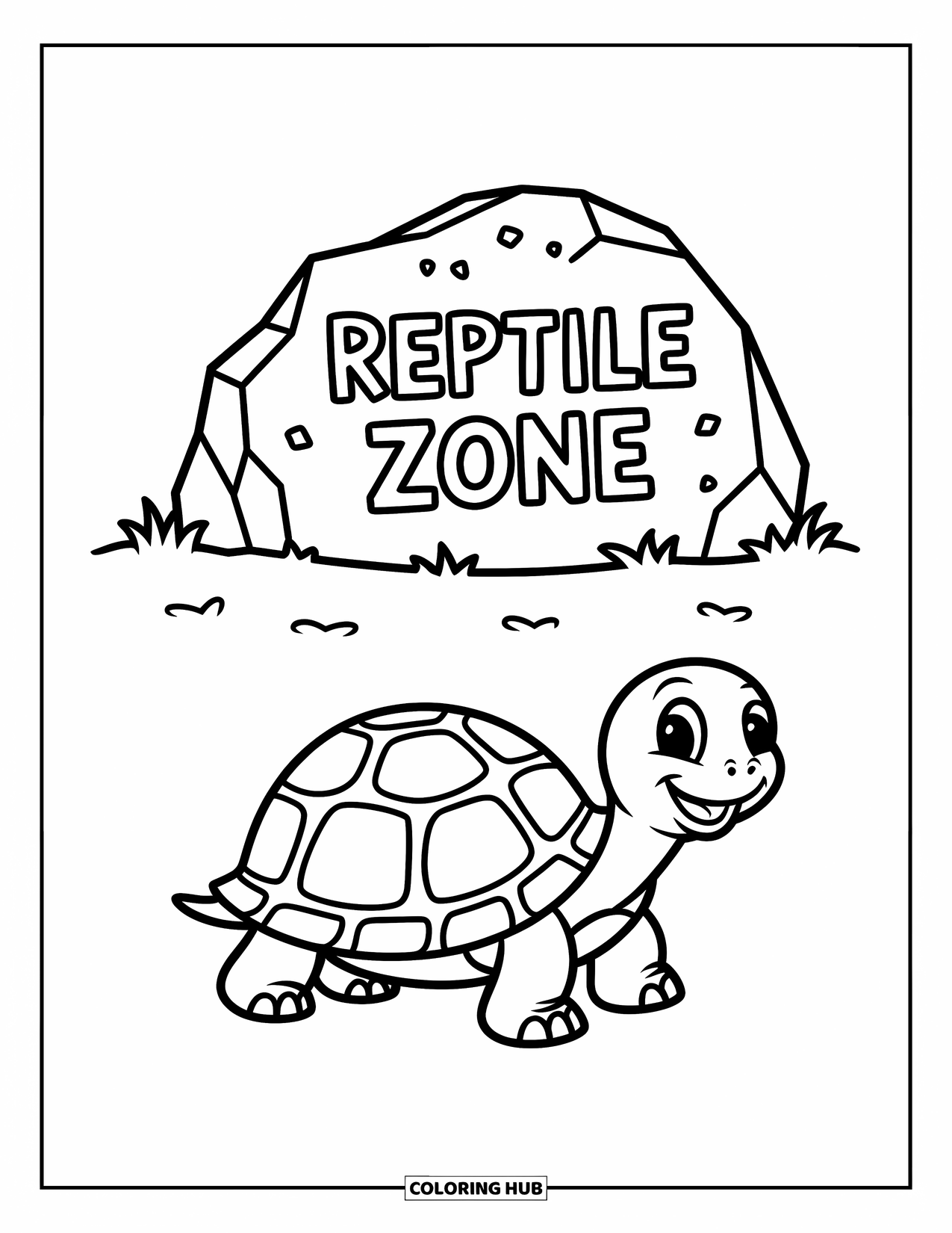 Zoo Coloring Page for Kids: A small turtle heads toward a Reptile Zone rock with a happy little step
