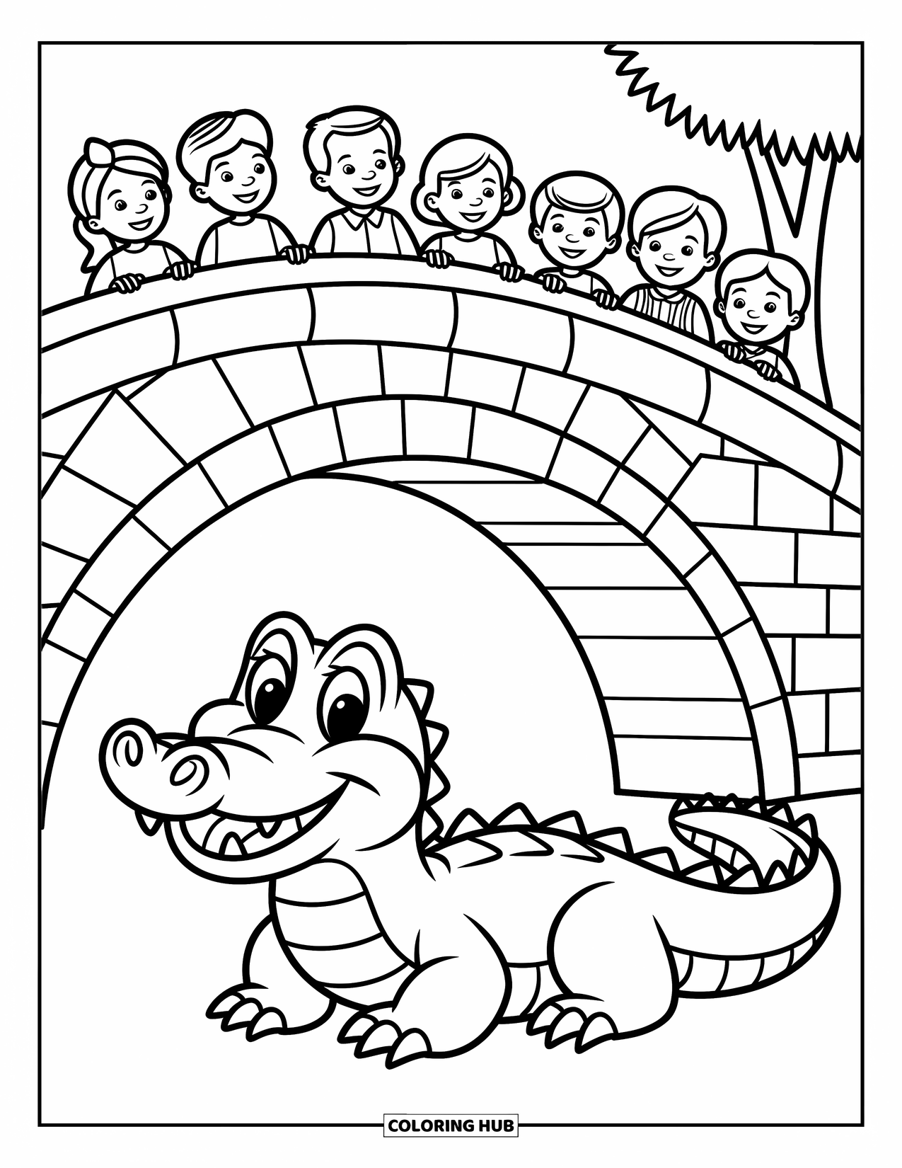 Zoo Coloring Page for Kids: A smiling crocodile lounges under a bridge while visitors peek over with delight