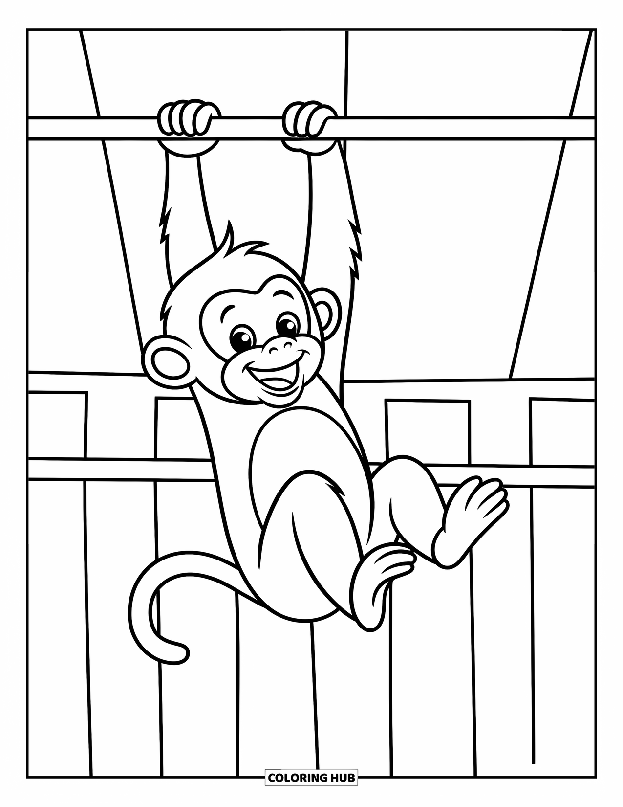 Zoo Coloring Page for Kids: A smiling monkey dangles from a bar with a zoo wall behind it