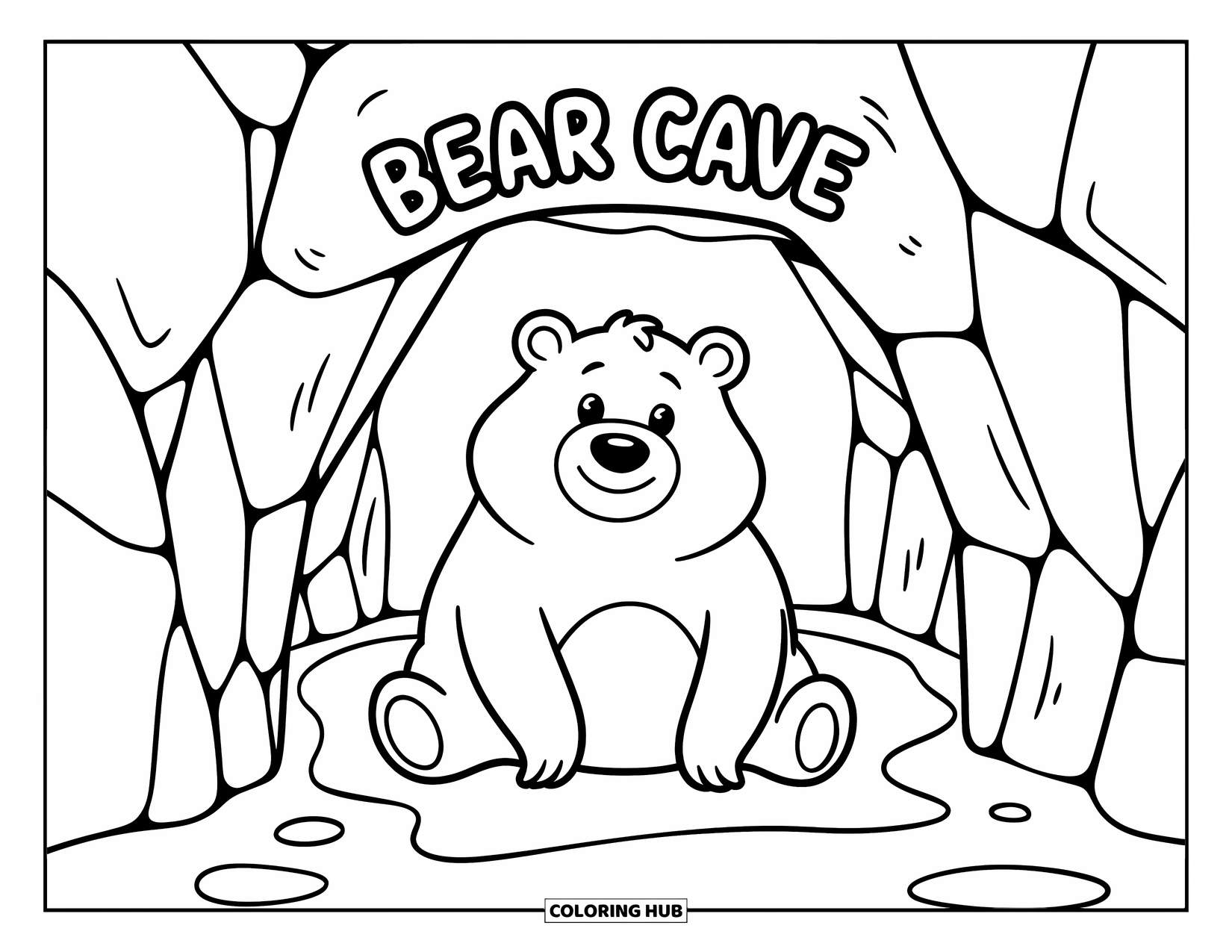 Zoo Coloring Page for Kids: A soft, sleepy bear sits snug in its cave under the Bear Cave sign