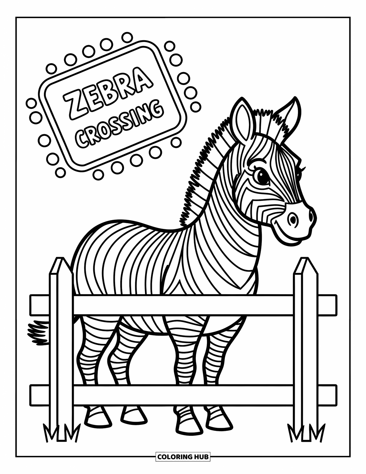Zoo Coloring Page for Kids: A striped zebra stands behind a wooden fence with a fun Zebra Crossing sign nearby