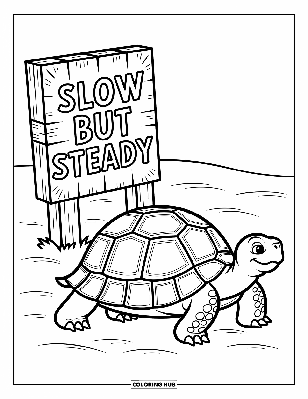 Zoo Coloring Page for Kids: A tortoise plods by a sign with "Slow but Steady" near sand and simple textures