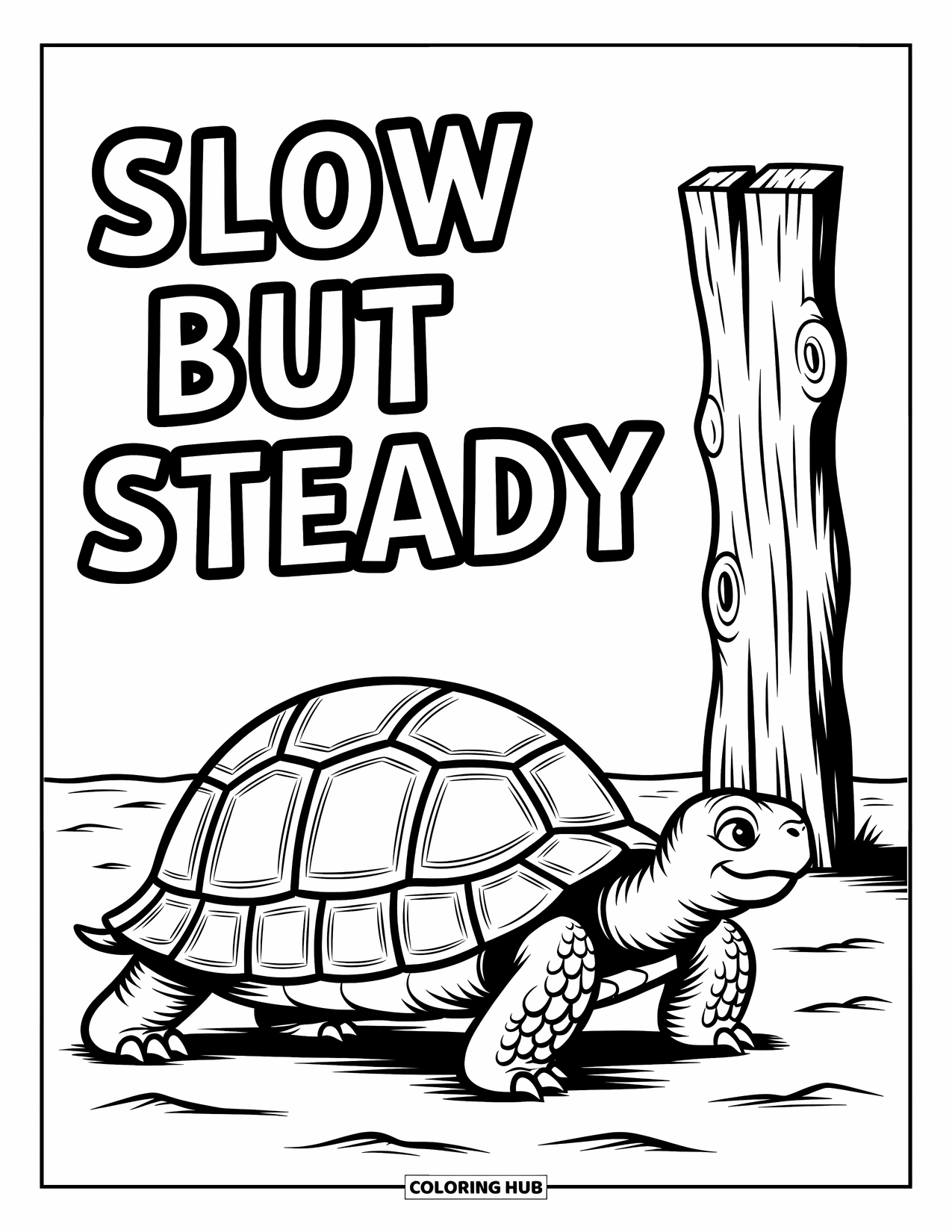 Zoo Coloring Page for Kids: A tortoise walks near a wooden sign that reads "Slow but Steady" in a sandy zone