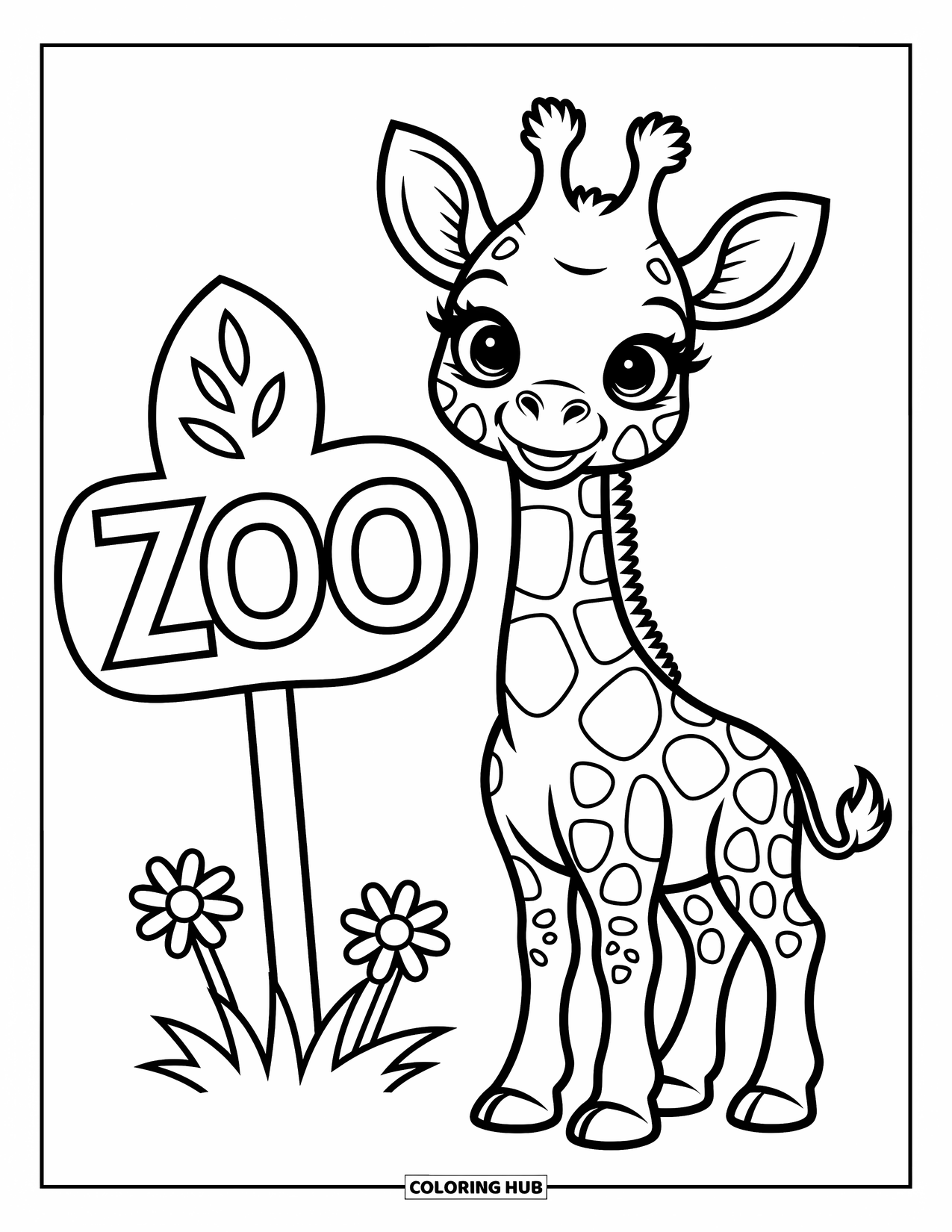 Zoo Coloring Page for Kids: A young giraffe stands tall beside a zoo sign shaped like a leaf