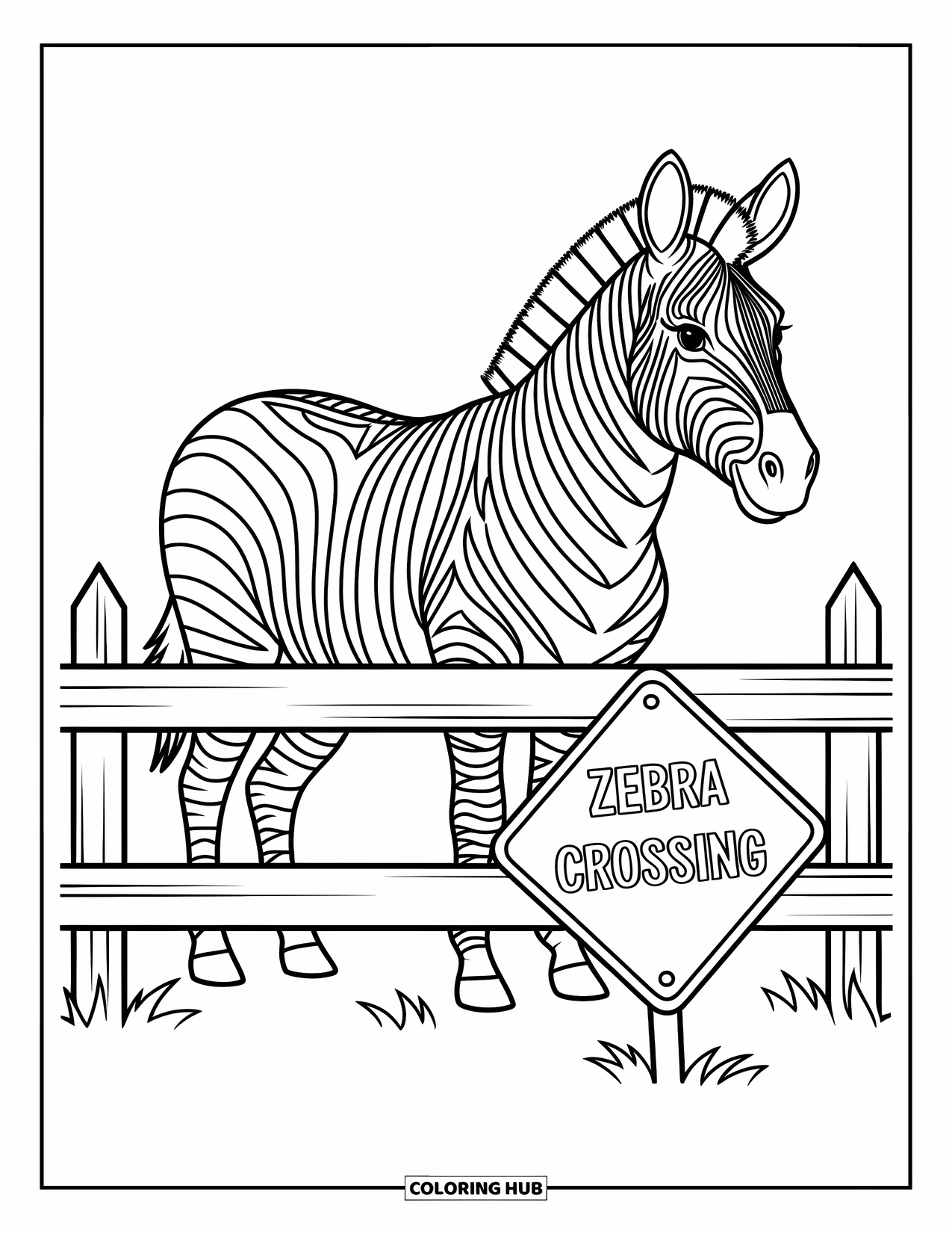 Zoo Coloring Page for Kids: A zebra stands behind a fence near a bold Zebra Crossing sign