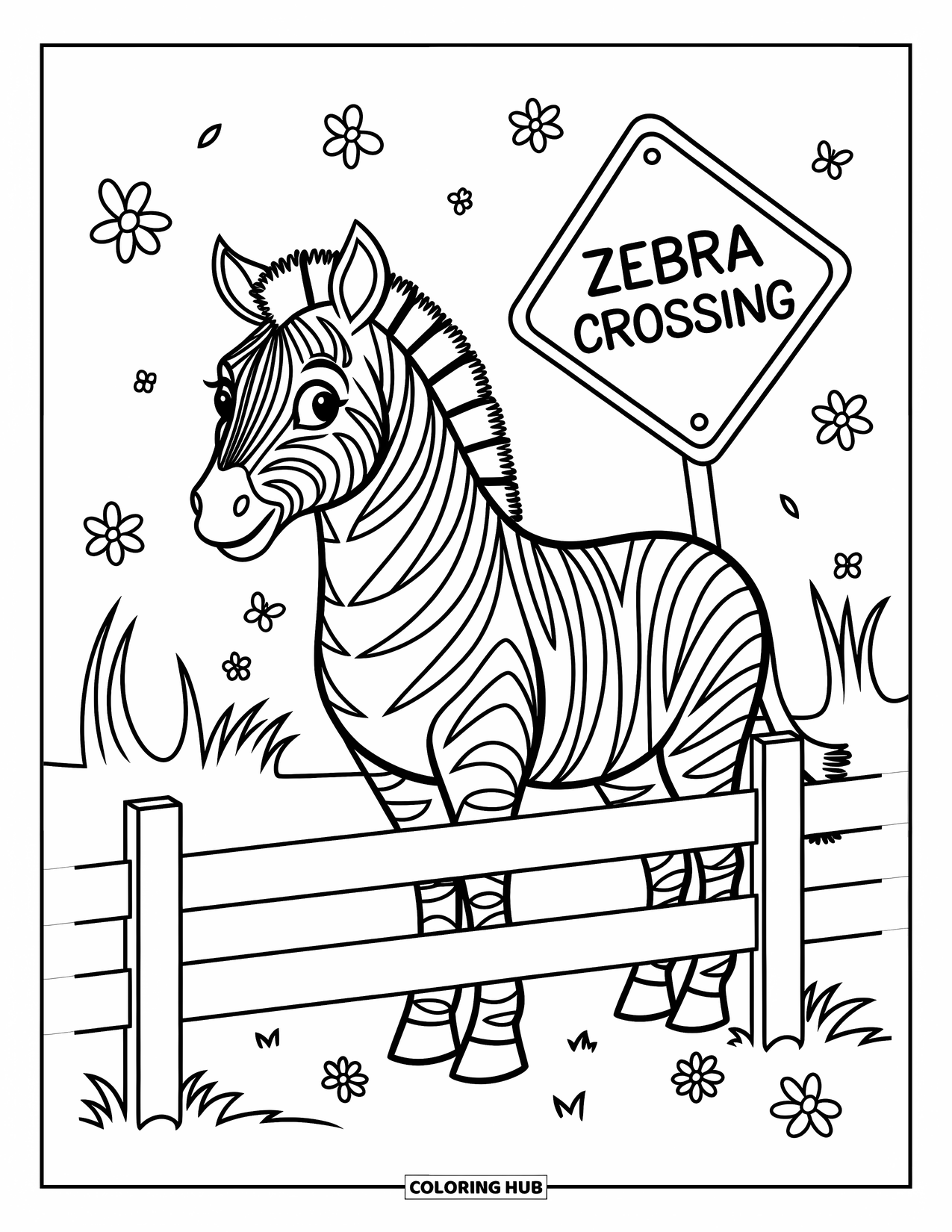 Zoo Coloring Page for Kids: A zebra stands calmly behind a fence near flowers, butterflies, and a Zebra Crossing sign