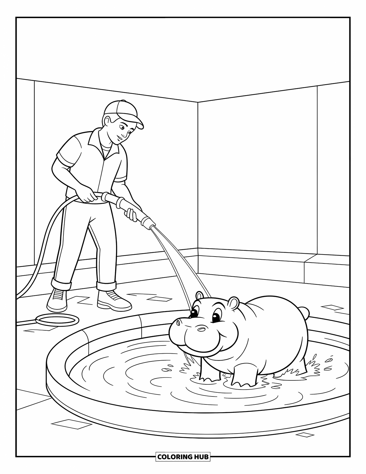 Zoo Coloring Page for Kids: A zookeeper fills a hippo's pool while the hippo splashes in a concrete area