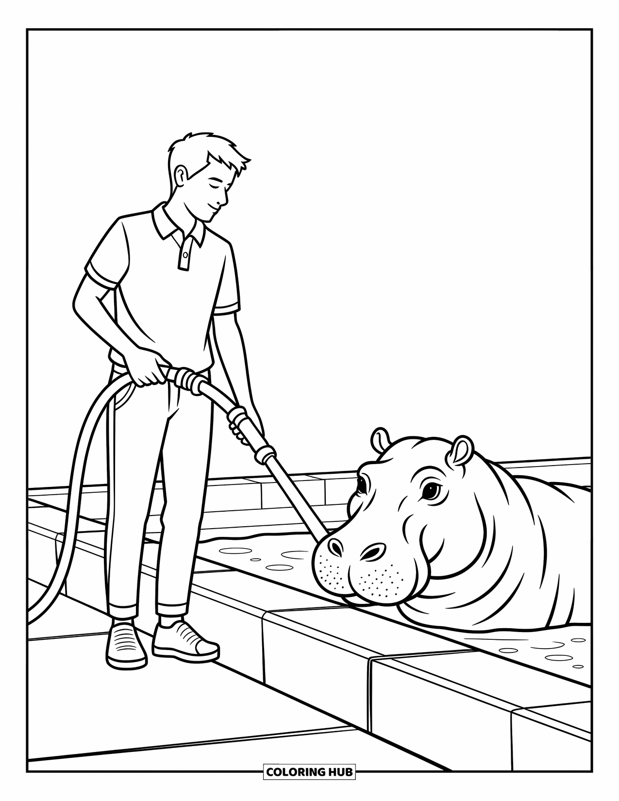 Zoo Coloring Page for Kids: A zookeeper fills the hippo's pool with water near a lively zoo environment