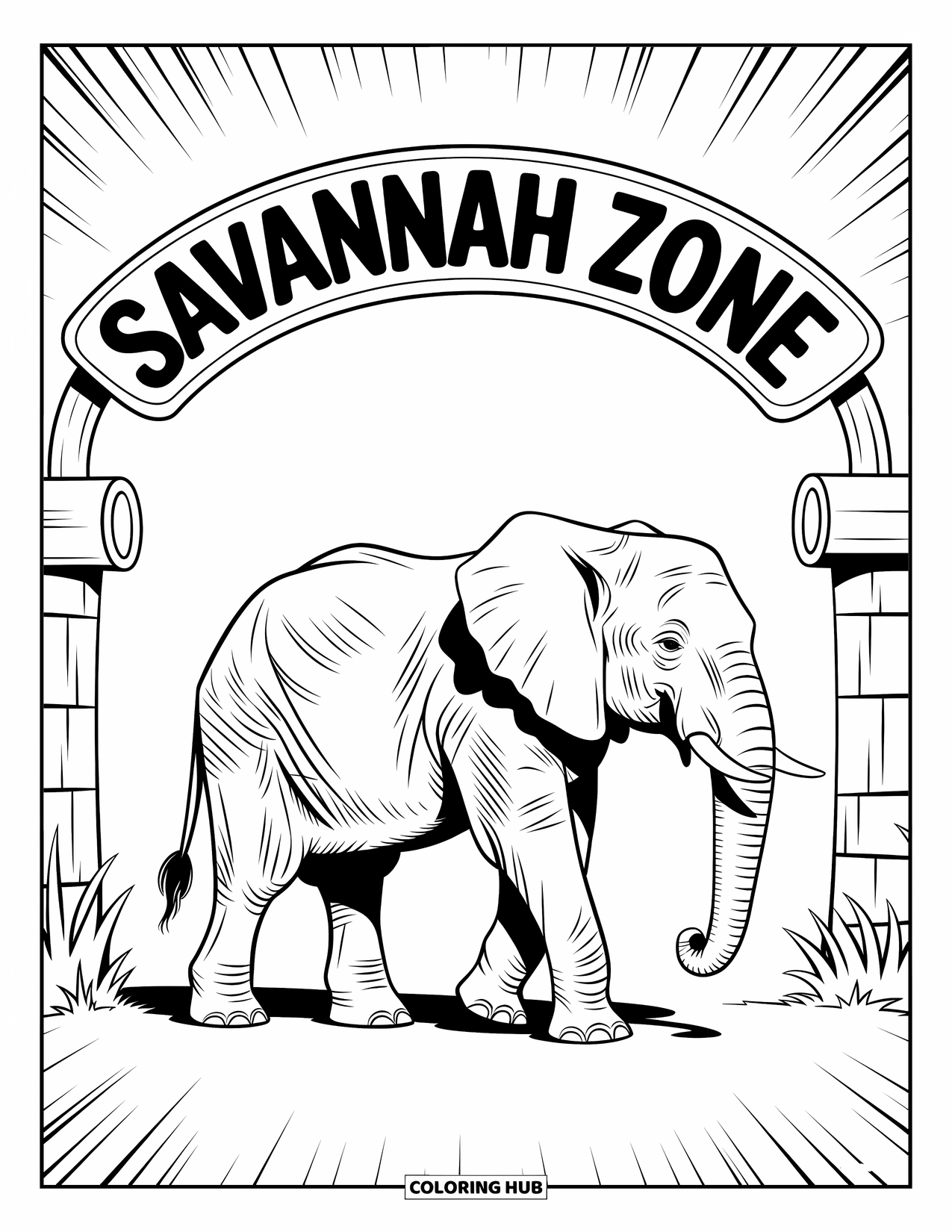 Zoo Coloring Page for Kids: An elephant walks beneath a Savannah Zone arch with sparse trees and grasses around