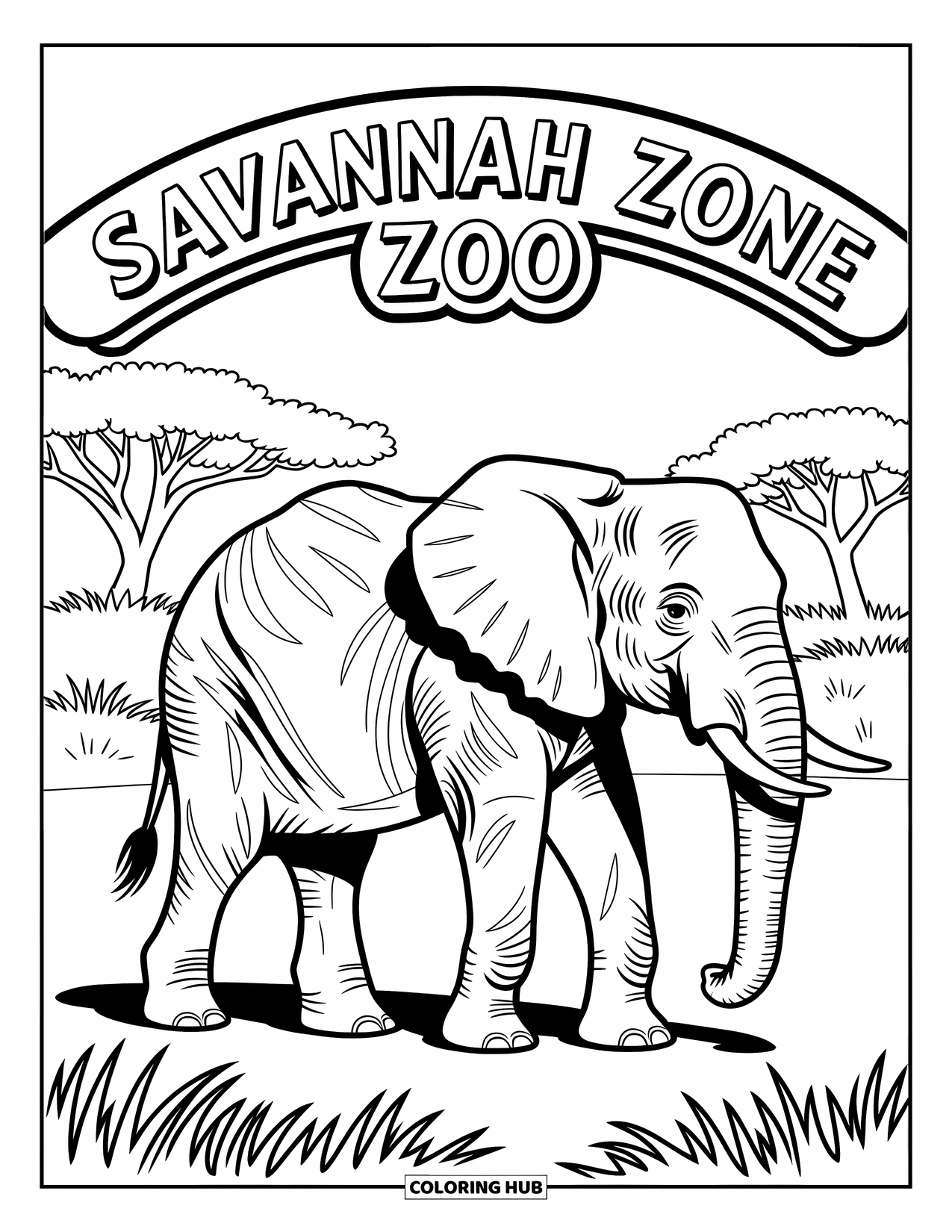 Zoo Coloring Page for Kids: An elephant walks under the Savannah Zone arch with tall grasses and scattered trees nearby