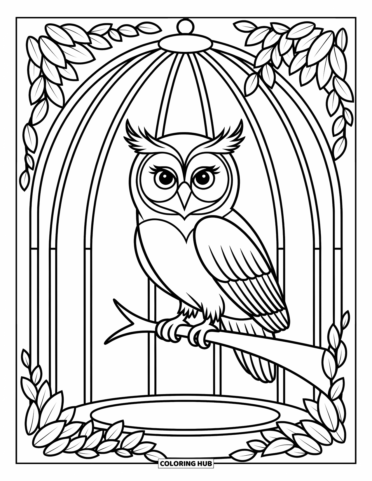 Zoo Coloring Page for Kids: An owl rests on a branch inside a dome aviary surrounded by whimsical leaves and lattice