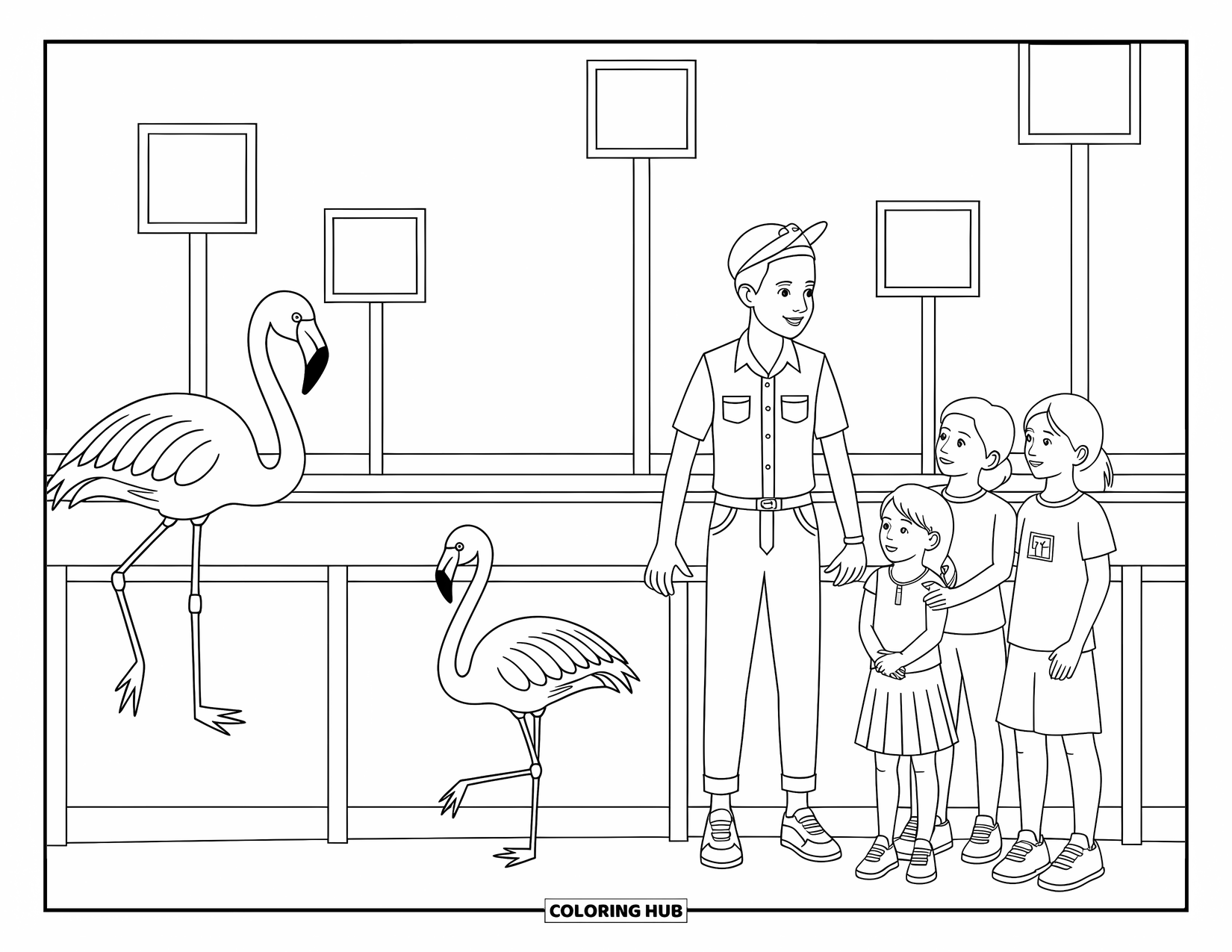 Zoo Coloring Page for Kids: Children and a zookeeper gather near flamingos with labeled posts in a cheerful zoo scene