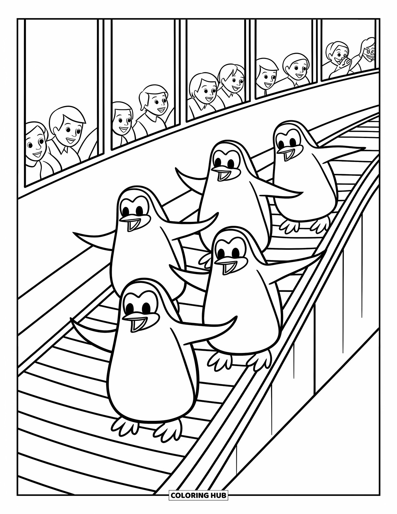 Zoo Coloring Page for Kids: Four happy penguins slide down a ramp while visitors watch through large windows
