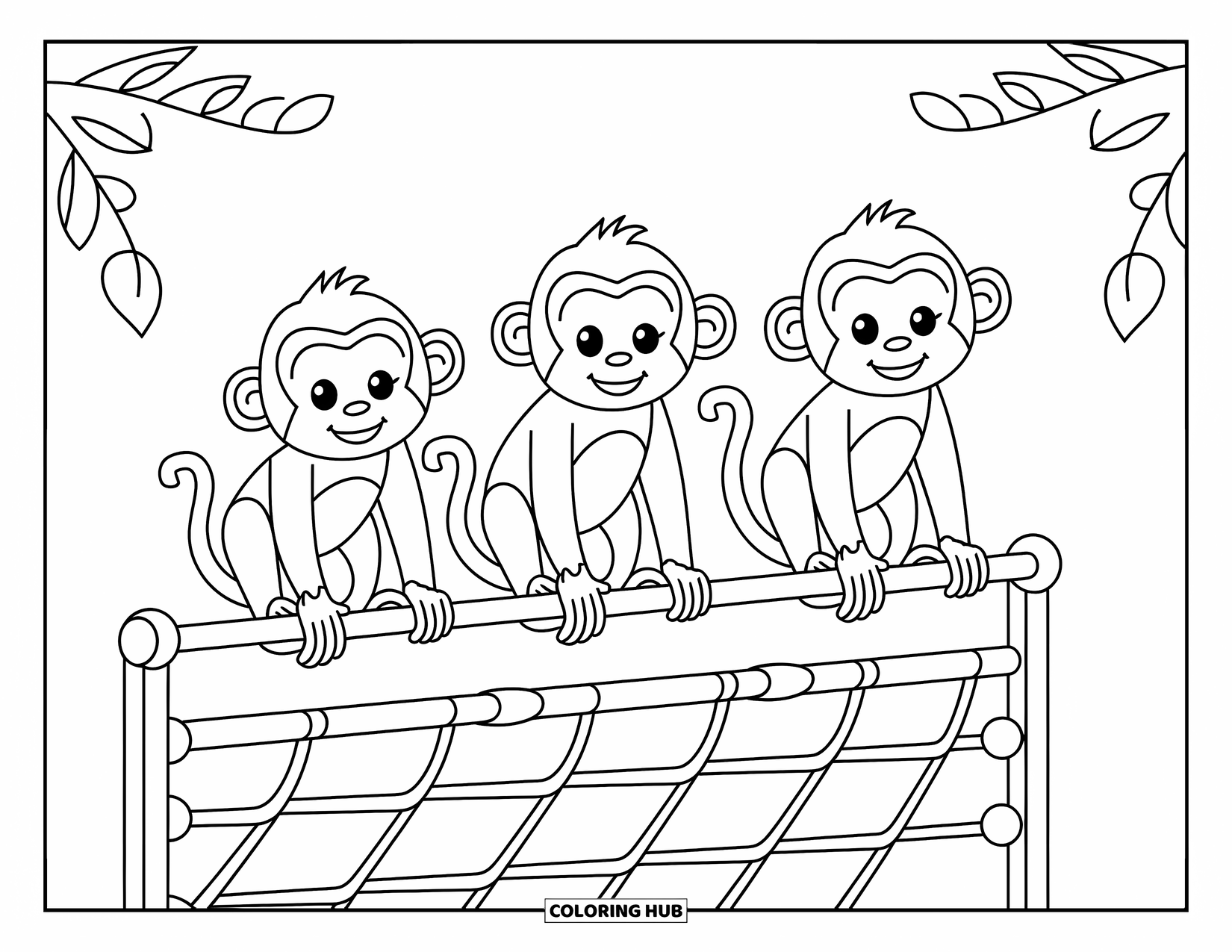 Zoo Coloring Page for Kids: Monkeys swing, climb, and perch on a jungle gym in a fun zoo play scene