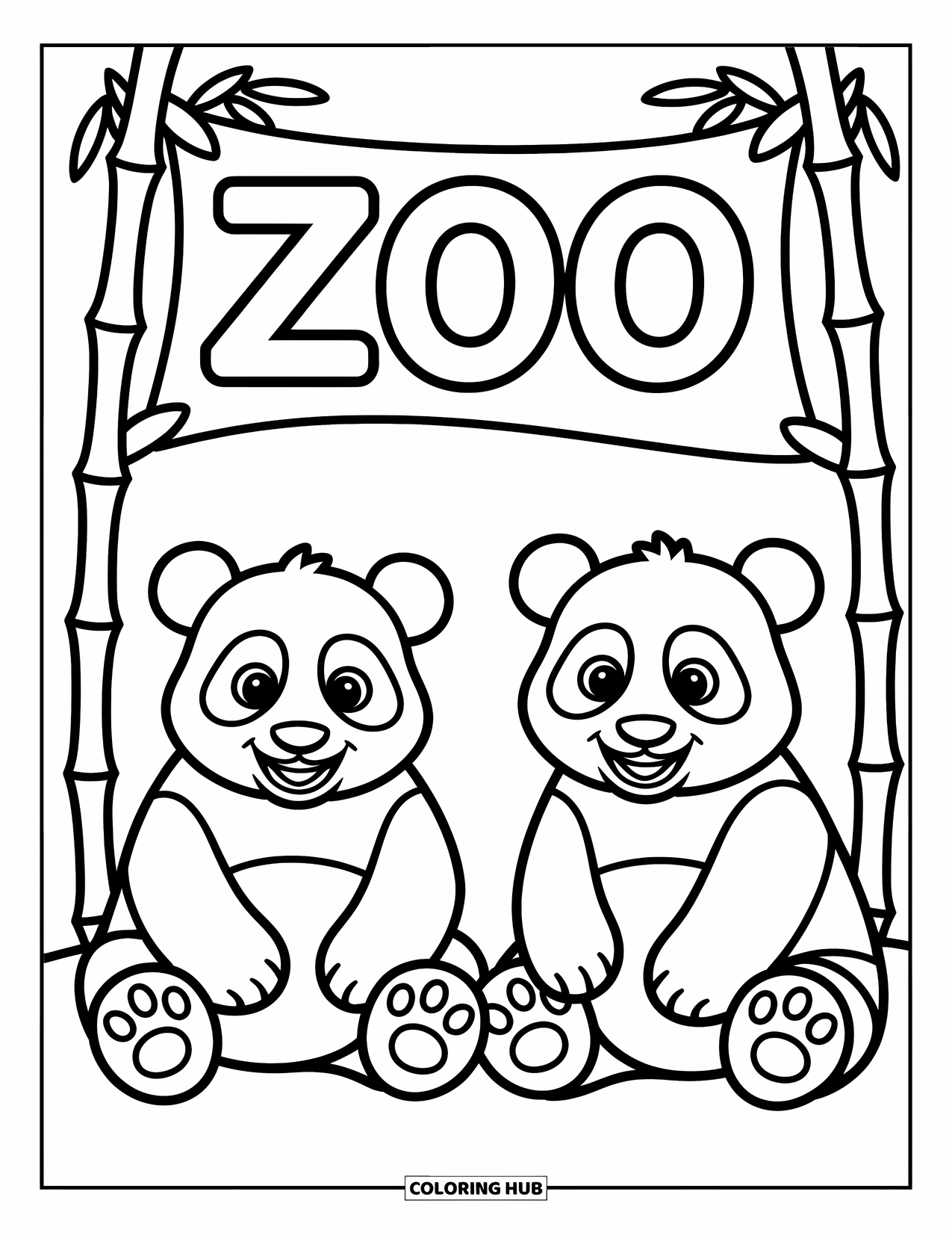 Zoo Coloring Page for Kids: Pandas rest beneath a zoo banner while bamboo stalks peek from the sides