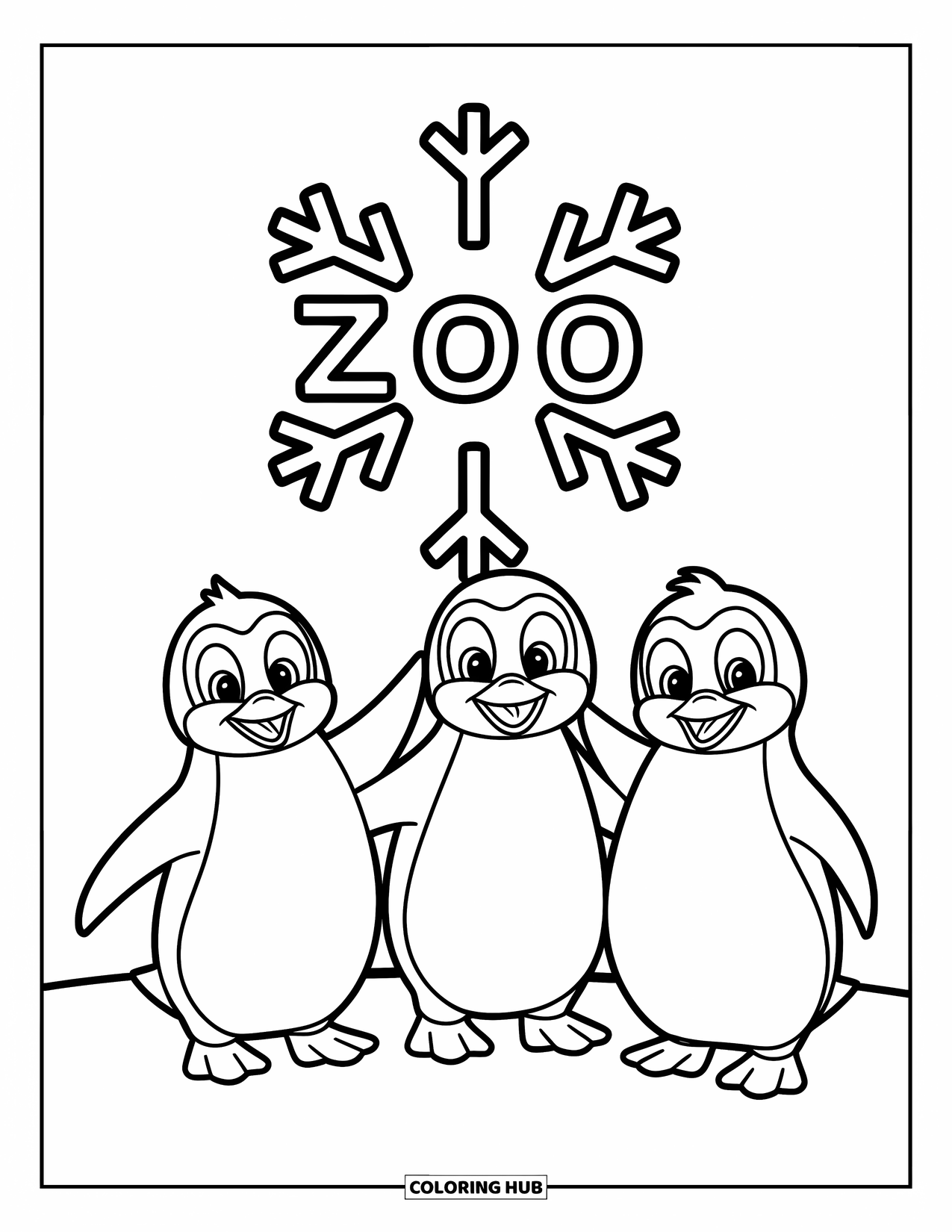 Zoo Coloring Page for Kids: Penguins with big eyes huddle near a snowflake zoo sign in a wintry scene